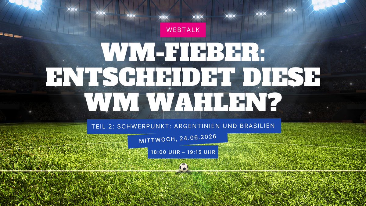 FNFSudamerica's tweet photo. WM-Fieber: Entscheidet diese WM Wahlen?  

Teil 2: Schwerpunkt Argentinien, Brasilien und Deutschland  

Die Fußball-Weltmeisterschaft 2026 hat begonnen – und mit ihr die Frage, welche Rolle Fußball weit über den Sport hinaus spielt. Mexiko, die USA und Kanada sind erstmals gemeinsam Gastgeber des Turniers. Doch was bedeutet eine WM für Gesellschaft, Wirtschaft und Politik?

Im zweiten Teil unserer Webtalk-Reihe richten wir den Blick auf Argentinien, Brasilien und Deutschland. Gemeinsam mit Marie-Florence Mahwera, Dr. Hans-Dieter Holtzmann, @KaeuferTobias und Philip Lichterbeck diskutieren wir unter anderem:  

• Kann eine Fußball-Weltmeisterschaft politische Wahlen beeinflussen?  
• Welche Rolle spielt Fußball im hochpolitisierten Argentinien? 
• Wie ist die aktuelle Stimmung im Land des Rekordweltmeisters Brasilien?  
• Und welche Perspektive bringt Deutschland in diese Debatte ein?  

Freuen Sie sich auf ein spannendes Gespräch über die Wechselwirkungen von Fußball, Politik und Wirtschaft – mit fundierten Einblicken in gesellschaftliche Entwicklungen in Südamerika und Europa.  

Veranstaltung:https://t.co/NbOv3PKpUY
Stream unter: https://t.co/vjijL5vXmk 

#FNFSüdamerika