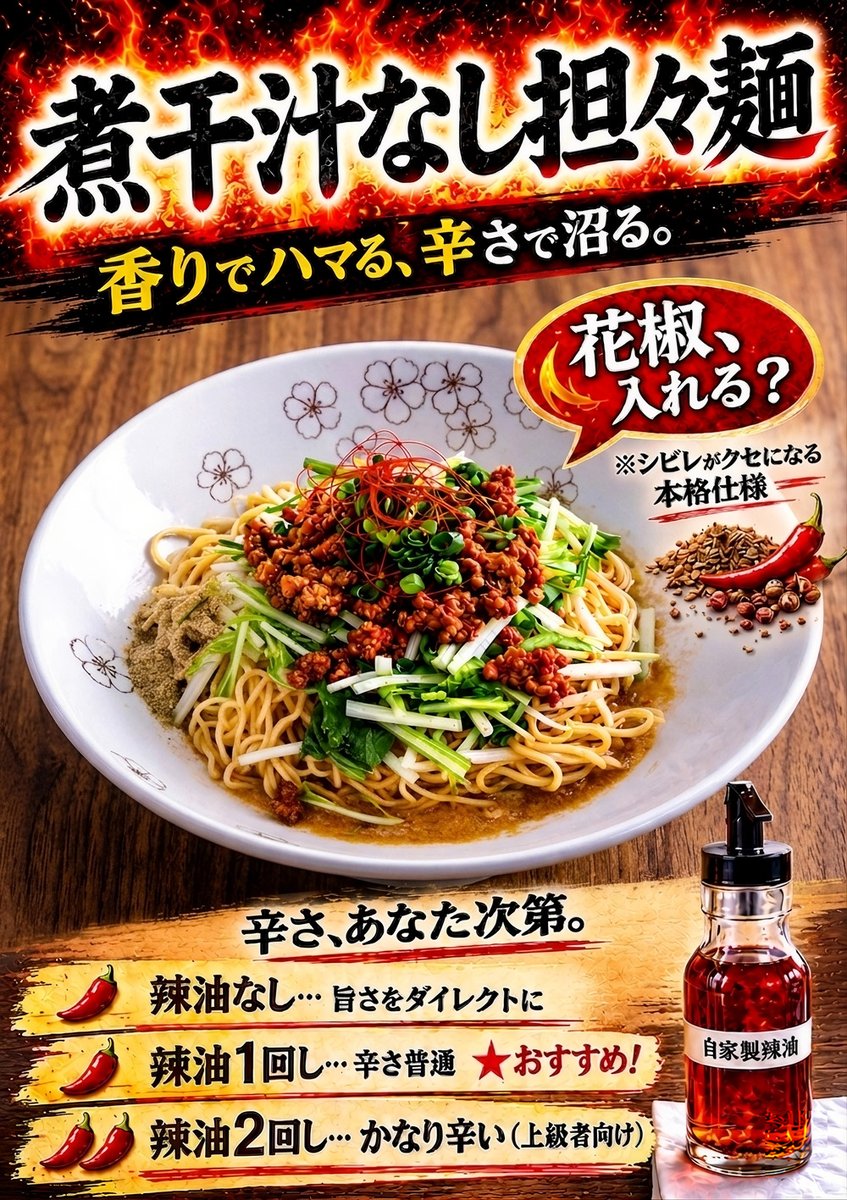 niboniyan's tweet photo. 田植えの季節が一段落したにゃ！🌾 美味しいお米が育つ時期は食欲も湧いてくるにゃ！そんな時は、新作「煮干汁なし担々麺」はいかがかにゃ？🔥

花椒のシビレと煮干の旨味が相性抜群！ 辣油で辛さの調整もできるにゃ。 ぜひ食べに来てほしいにゃ！

#にぼにゃん #胎内市 #担々麺 https://t.co/73bXUfjsfx