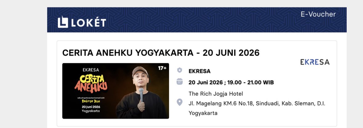 Donna05_'s tweet photo. WTS
cerita Anehku Raditya Dika Yogyakarta 
Tgl 20 Juni 2026
Show 2 (19.00-21.00)
Only 340k/tix

 #wts #ceritaanehku #radityadika #jogja https://t.co/5APEXakkHm