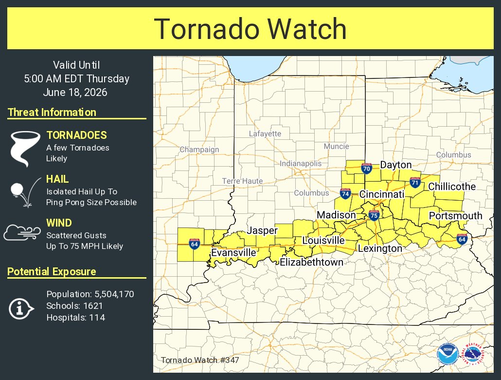 NWSPaducah's tweet photo. A tornado watch has been issued for parts of Illinois, Indiana, Kentucky and Ohio until 5 AM EDT https://t.co/gi3gfXADST