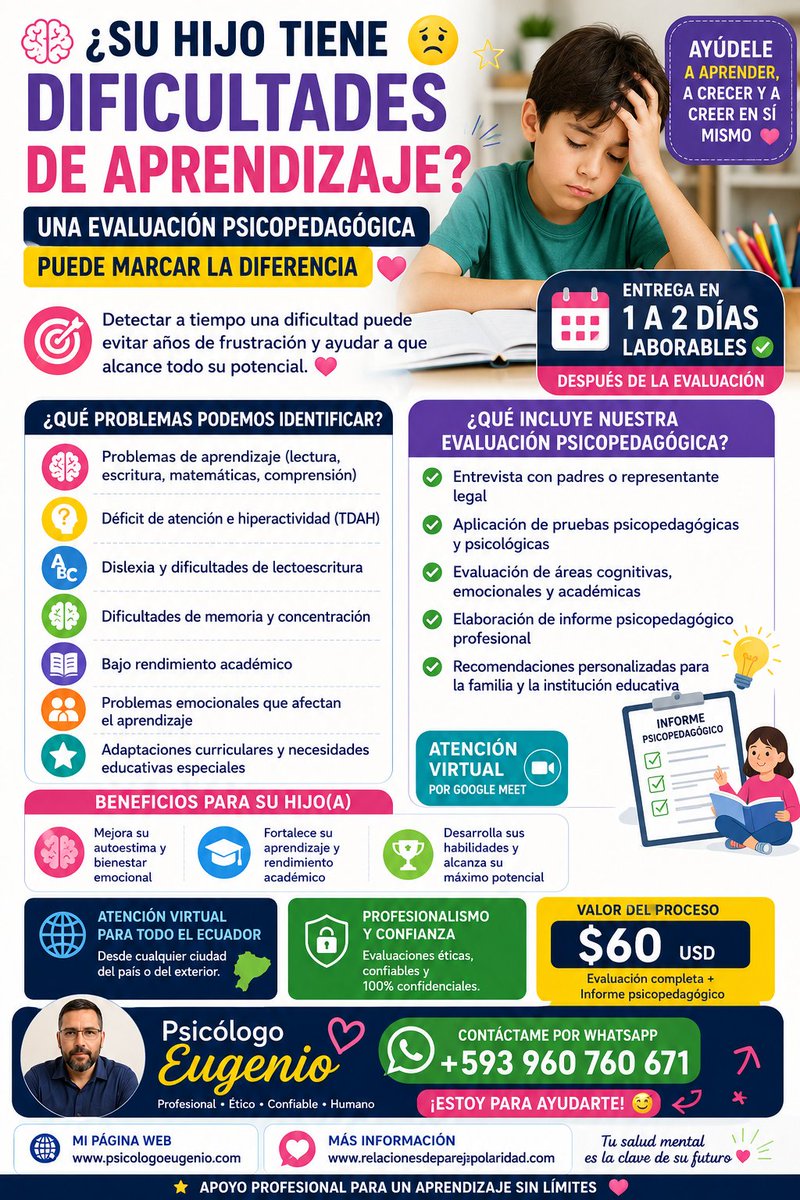E31291Psicologo's tweet photo. #InformePsicopedagogico #EvaluacionPsicopedagogica #Psicopedagogia #ProblemasDeAprendizaje #PsicologiaInfantil #PsicologiaEducativa #SaludMentalInfantil #EducacionEcuador #PsicologoEugenio #GoogleMeet #Aprendizaje #Dislexia #Concentracion #ExitoEscolar https://t.co/20uIm9Z1a8