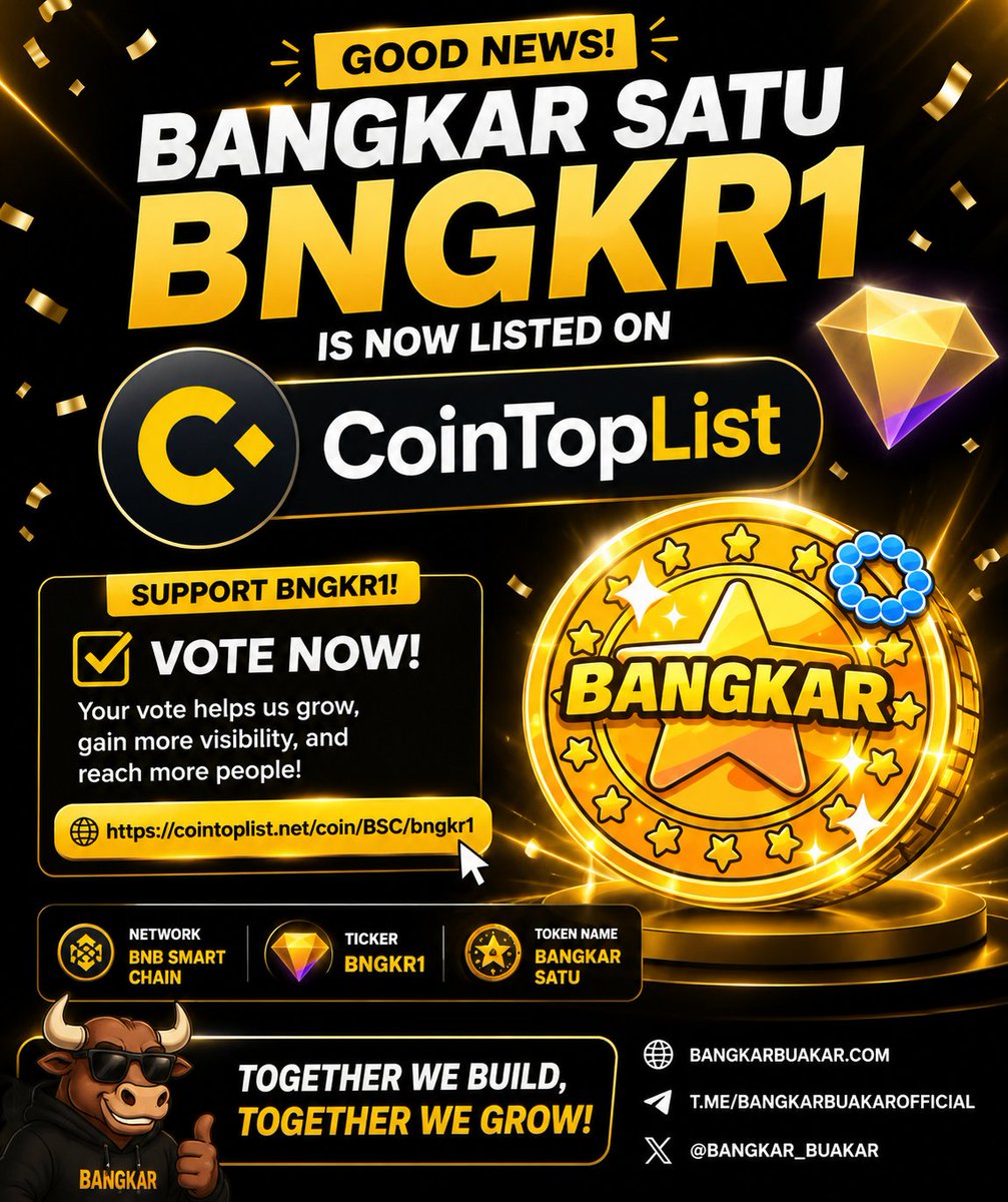 bangkarbuark's tweet photo. 🚀 $BNGKR1 is now listed on CoinTopList!

🗳️ Vote here:
https://t.co/4laKRfOuwB

Every vote helps expand the BANGKAR SATU community and increase our visibility across BNB Chain.

🔥 Support. Vote. Share.

#BNGKR1 #BANGKARSATU #BSC #Memecoin https://t.co/amnYJtXjq5