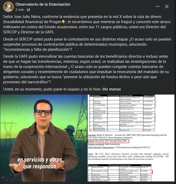 AntisanaNews's tweet photo. 🧿Luego que José Julio Neira anunció que identificaron la ruta del dinero y los beneficiarios de la estafa de #PROGEN, el Observatorio de la Dolarización le recordó que él fue el director del #Sercop y de la #UAFE y no hizo nada para evitar el peor atraco al #Ecuador https://t.co/ezDmswgVz8