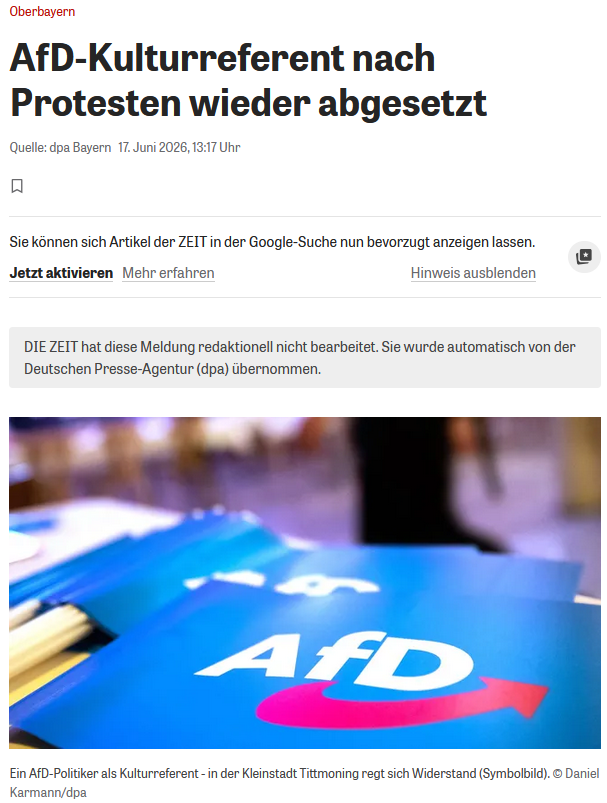 PeterBorbe's tweet photo. Immer wieder das gleiche Kasperltheater: Im oberbayerischen #Tittmoning wurde am 12. Mai ein AfD-Stadtrat zum Kulturreferenten gewählt, seitdem machen regionale "Kulturschaffende" (darunter auch ein Kabarettist namens Hans Well, von dem ich noch nie etwas gehört habe) Stimmung gegen den Mann und forderten, die Wahl rückgängig zu machen.
Und genau das ist jetzt geschehen, obwohl eigentlich jedem Mitglied des Stadtrats ein Fachreferat zusteht. Wie immer haben sich am Ende alle Parteien gegen die AfD zusammengerottet und dem CSU-Bürgermeister das Kulturreferat übertragen.
Das Rückgängigmachen von Wahlen ist inzwischen integraler Bestandteil von "Unsere Demokratie" geworden!
https://t.co/tYimKemft8