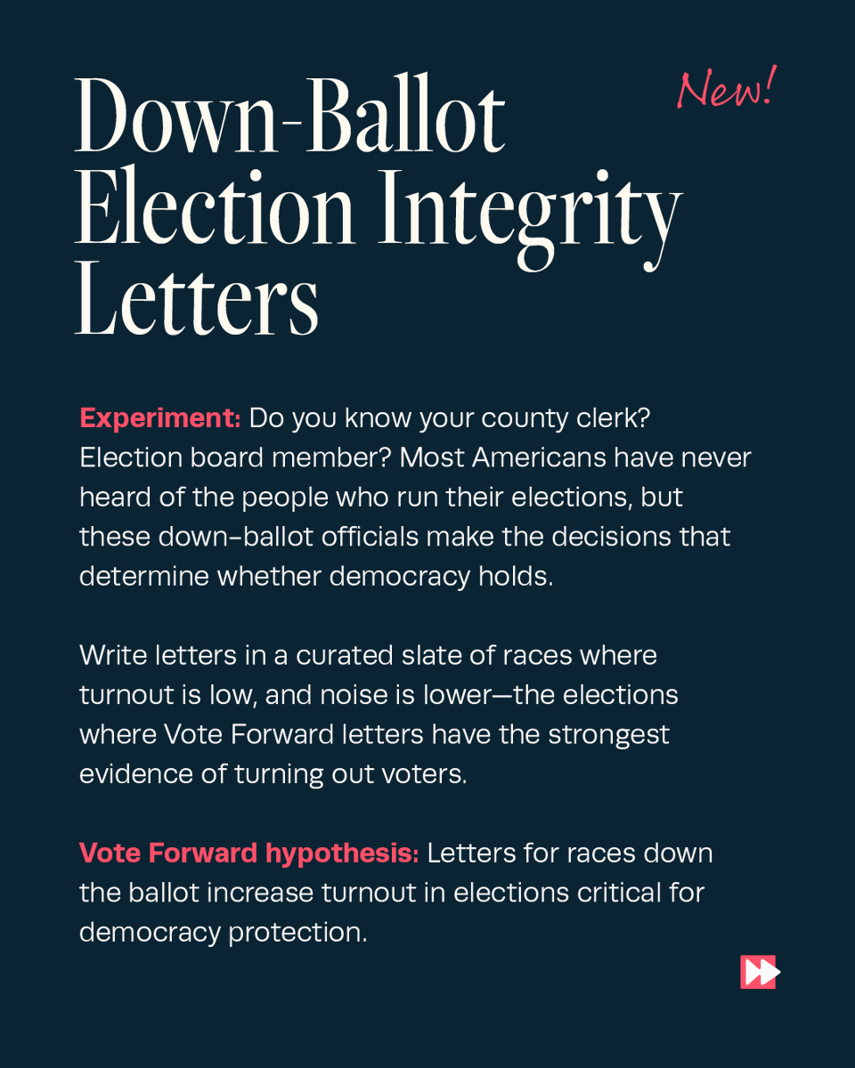 votefwd's tweet photo. This year, Vote Forward’s launching brand-new campaigns to help rebuild trust in government and increase voter participation.

Over the next few weeks, we'll share exactly how you can get involved—starting with Down-Ballot Election Integrity Letters. https://t.co/tTiNkKcXm3 https://t.co/qM4GA8XcHK