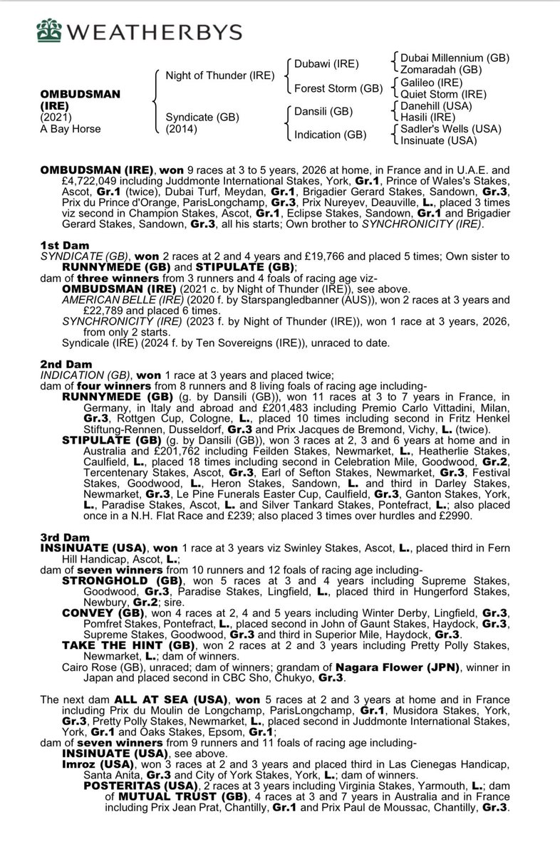 weatherbysltd's tweet photo. An updated pedigree for Ombudsman who was an impressive winner of the Group 1 Prince Of Wales’s Stakes at Royal @Ascot.

The son of champion sire Night Of Thunder @DarleyEurope was bred by James Hanly out of the winning Dansili mare Syndicate - an own-sister to Group winner Runnymede and Listed winner Stipulate (pic).

The colt was purchased by @StroudColeman for 340,000gns from Ballyhimikin Stud @Tattersalls1766 Book 2 in 2022.