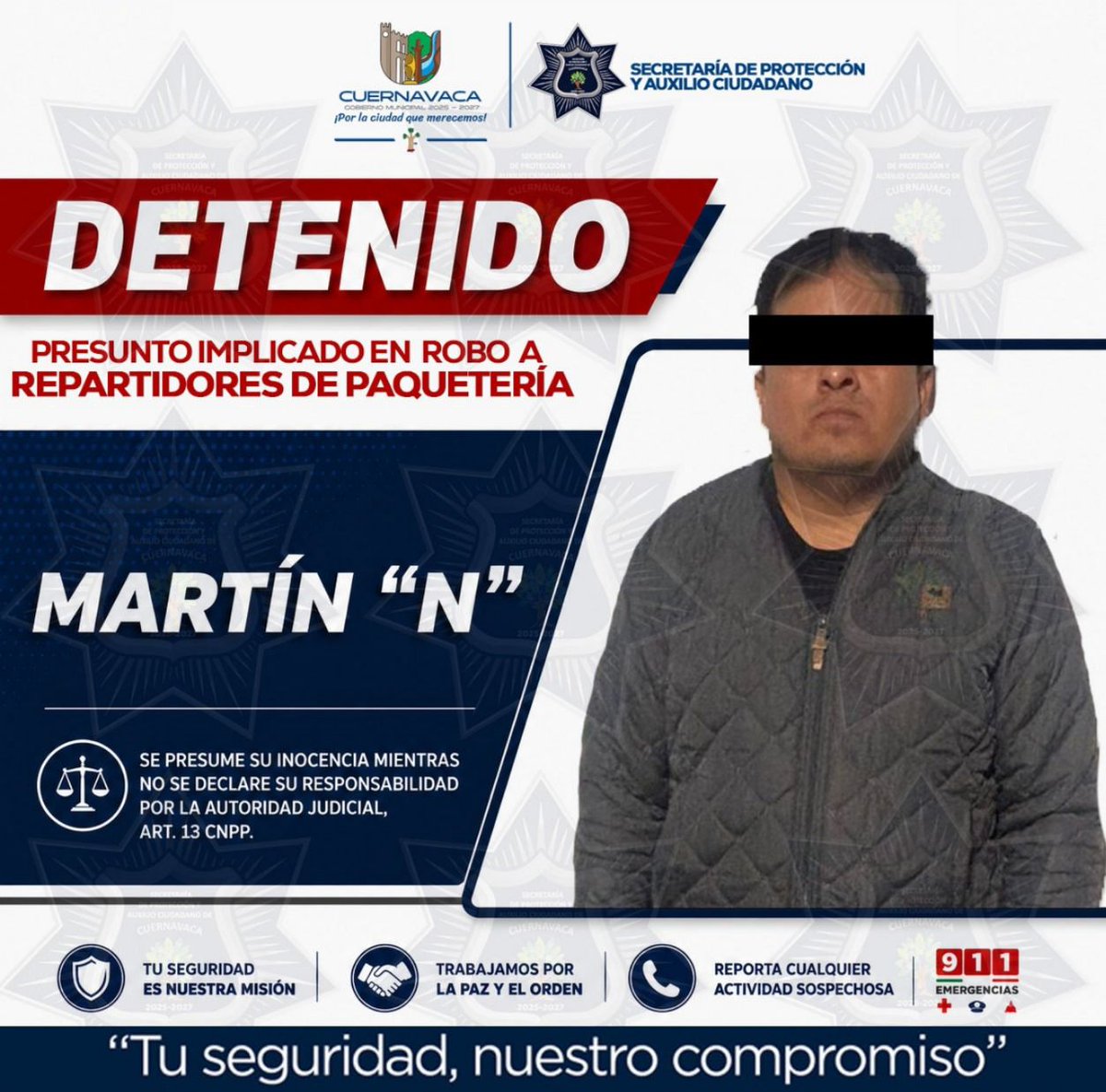 24_morelos's tweet photo. SEPRAC DETIENE A PRESUNTO IMPLICADO EN ROBOS A REPARTIDORES DE PAQUETERÍA

Elementos de la #Seprac-#Cuernavaca detuvieron a Martín "N", de 41 años, presuntamente relacionado con el robo a un repartidor de una empresa de paquetería en #AltaPalmira, y aseguraron un vehículo #Nissan #March color gris, con placas de circulación PWV-358-B del estado de #Morelos, en el que se desplazaba.

Asimismo, el automóvil quedó asegurado para las investigaciones correspondientes.

De acuerdo con las indagatorias y el análisis realizado, Martín "N” estaría relacionado con distintos robos cometidos en agravio de unidades y repartidores de empresas de paquetería en la capital del estado.