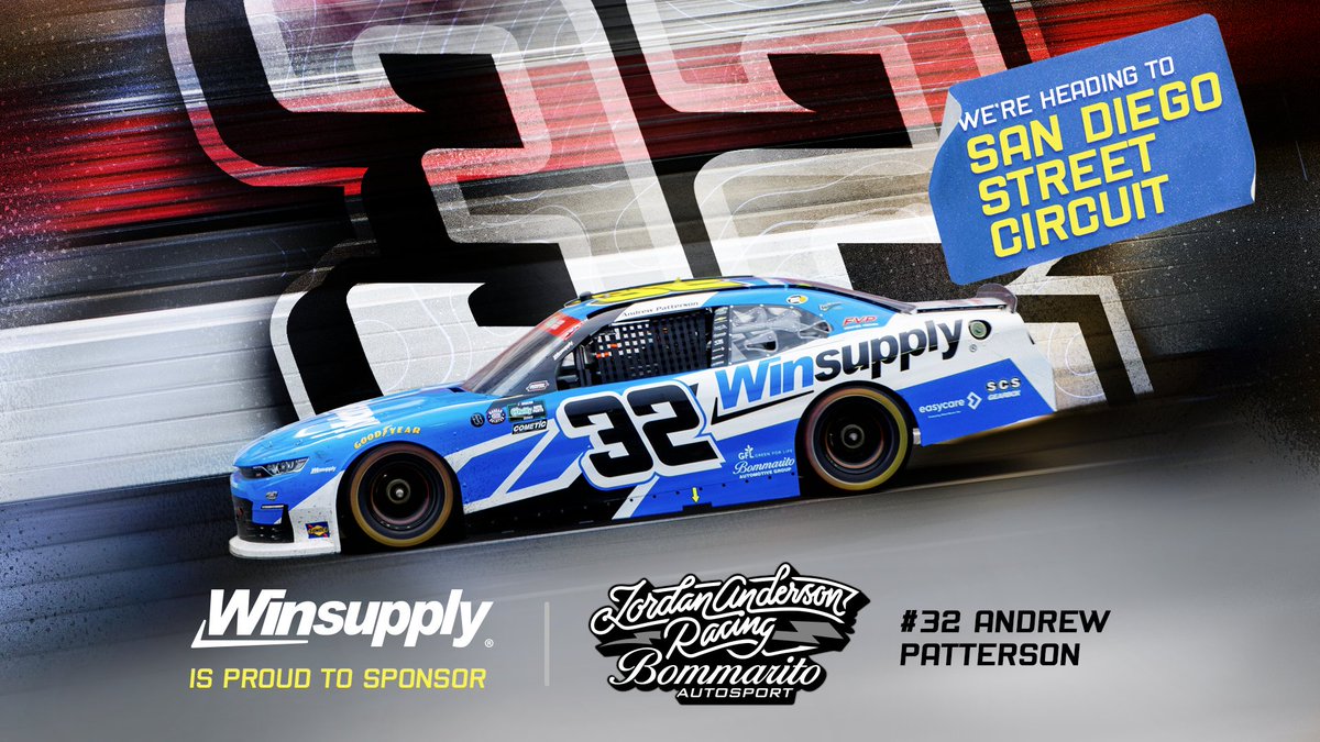 Winsupply's tweet photo. Next Stop: San Diego! Andrew Patterson &amp; the Winsupply-branded #32 Chevrolet head west for the San Diego Road Course on June 20.

Watch live on The CW and SiriusXM NASCAR Radio, and follow @A_Patterson31 and @JARnascar for updates.

#WinWithWinsupply #NASCAR #AndrewPatterson https://t.co/iFgbsbeA50