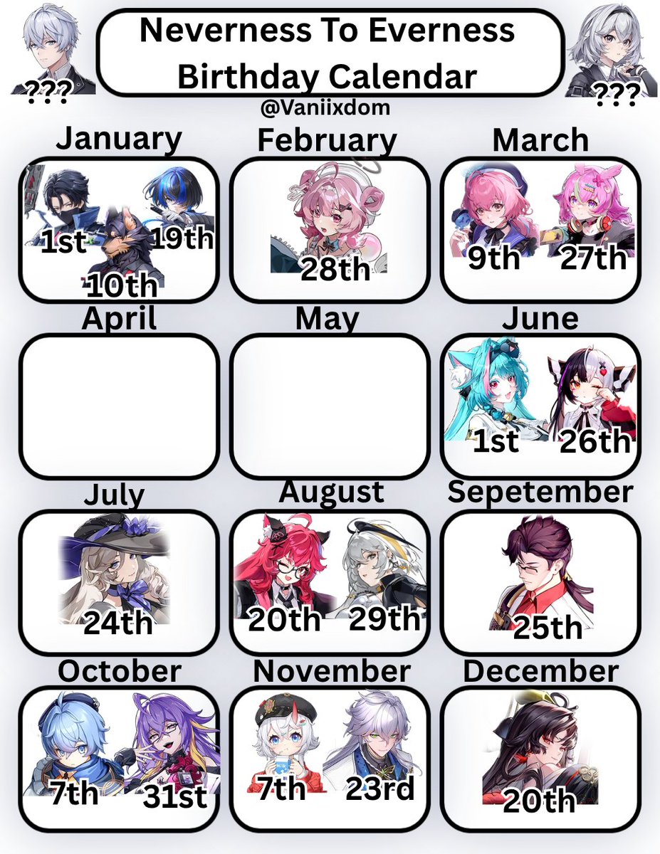 Vaniixdom's tweet photo. Neverness to Everness Birthday Calendar for Version 1.1! 

Which character shares your birth month?

#NTE #NevernesstoEverness #NTEcreator https://t.co/pproUdvsxh