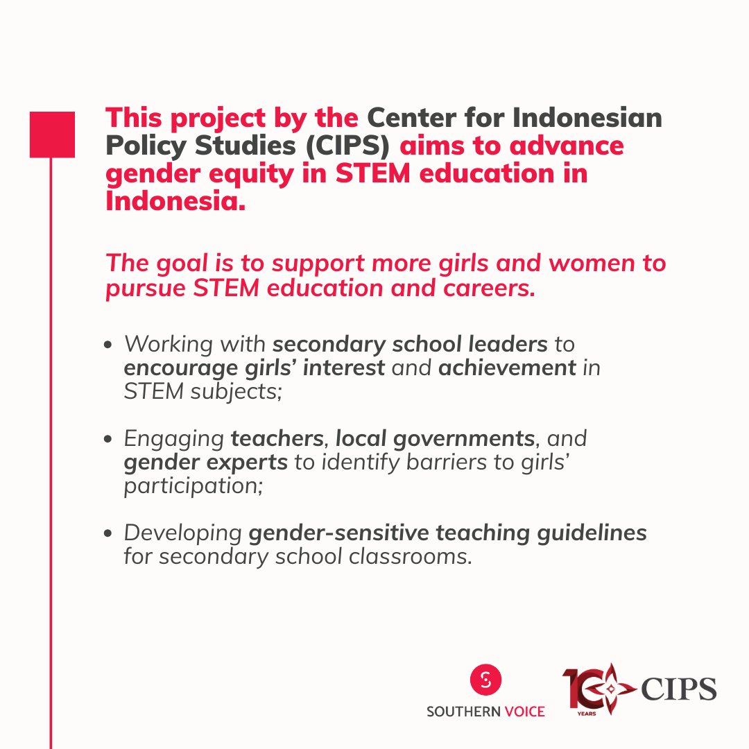 SVoice2030's tweet photo. 🟣 In Indonesia, gender gaps in STEM education continue to shape who enters the jobs of the future.

Science, technology, engineering, and mathematics (STEM) are central to building a future-ready workforce and advancing the country’s “Golden Indonesia” vision. Yet, women remain underrepresented in these fields and careers, driven by cultural expectations, limited early exposure, and persistent perceptions that these spaces are male-dominated.

Working to shift these dynamics, our network member @cips_id is taking action.

Through the project “Designing Curriculum Pathways for Indonesian Girls in STEM,” CIPS is supporting more girls to pursue and succeed in STEM education. The project engages schools, teachers, local governments, and gender experts to identify barriers and develop gender-sensitive teaching approaches that foster girls’ interest and achievement in STEM subjects.

This is part of the Challenge Fund for Evidence Use, implemented with the Institute of Development Studies. The initiative supports Global South teams to lead evidence-to-action strategies and directly connect research with policy and practice. Six teams across Africa, Asia, and Latin America are advancing gender-equity outcomes through locally grounded, adaptive approaches, placing Southern leadership at the center of change.

Stay tuned to learn more about other projects in the coming weeks! 

Learn more about the full initiative here: 
🔗 https://t.co/ZXjqQEdd24 

Project Participants: Anton Rizki, Sharfina Fitri Indrayadi, Paramita Iswari, Aqilah Annaya Putri