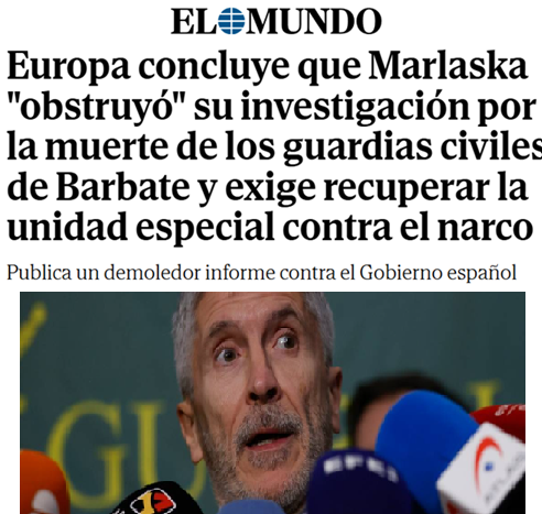 CCivicaCatalana's tweet photo. Marlaska ordenó "ocultar pruebas" para "obstruir" la investigación que el Parlamento Europeo vino a hacer a Barbate sobre la muerte de 2 guardias civiles.

Lo de Marlaska se estudiará en los libros. Cómo alguien antes tan admirado puede ahora haber degenerado tanto. https://t.co/ls7eCMaekI