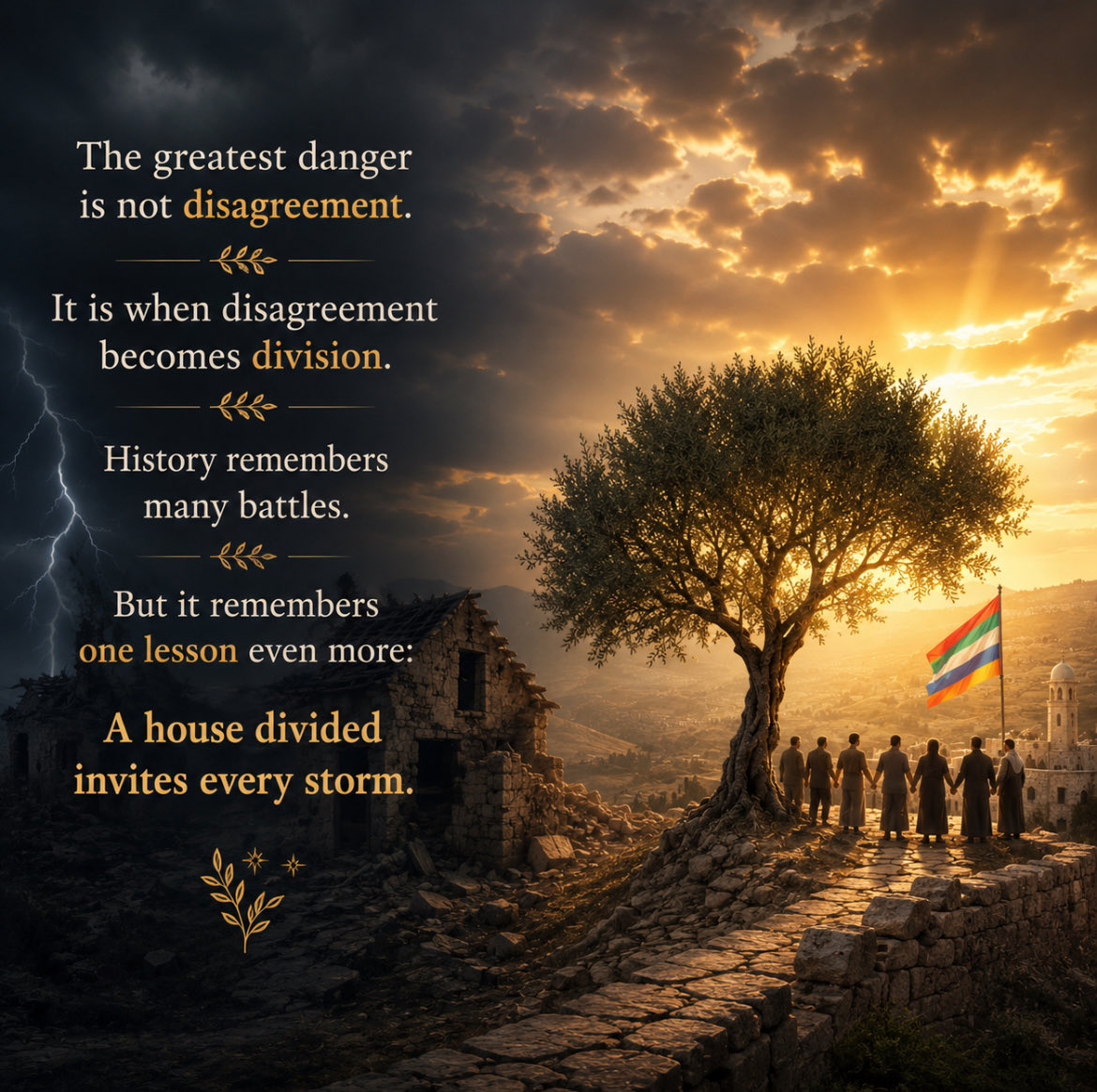 UnityPhoenix5's tweet photo. The greatest danger is not disagreement.

It is when disagreement becomes division.

History remembers many battles.

But it remembers one lesson even more:

A house divided invites every storm.

Bashan.
One root. One future. https://t.co/Xo8i2WDe6I