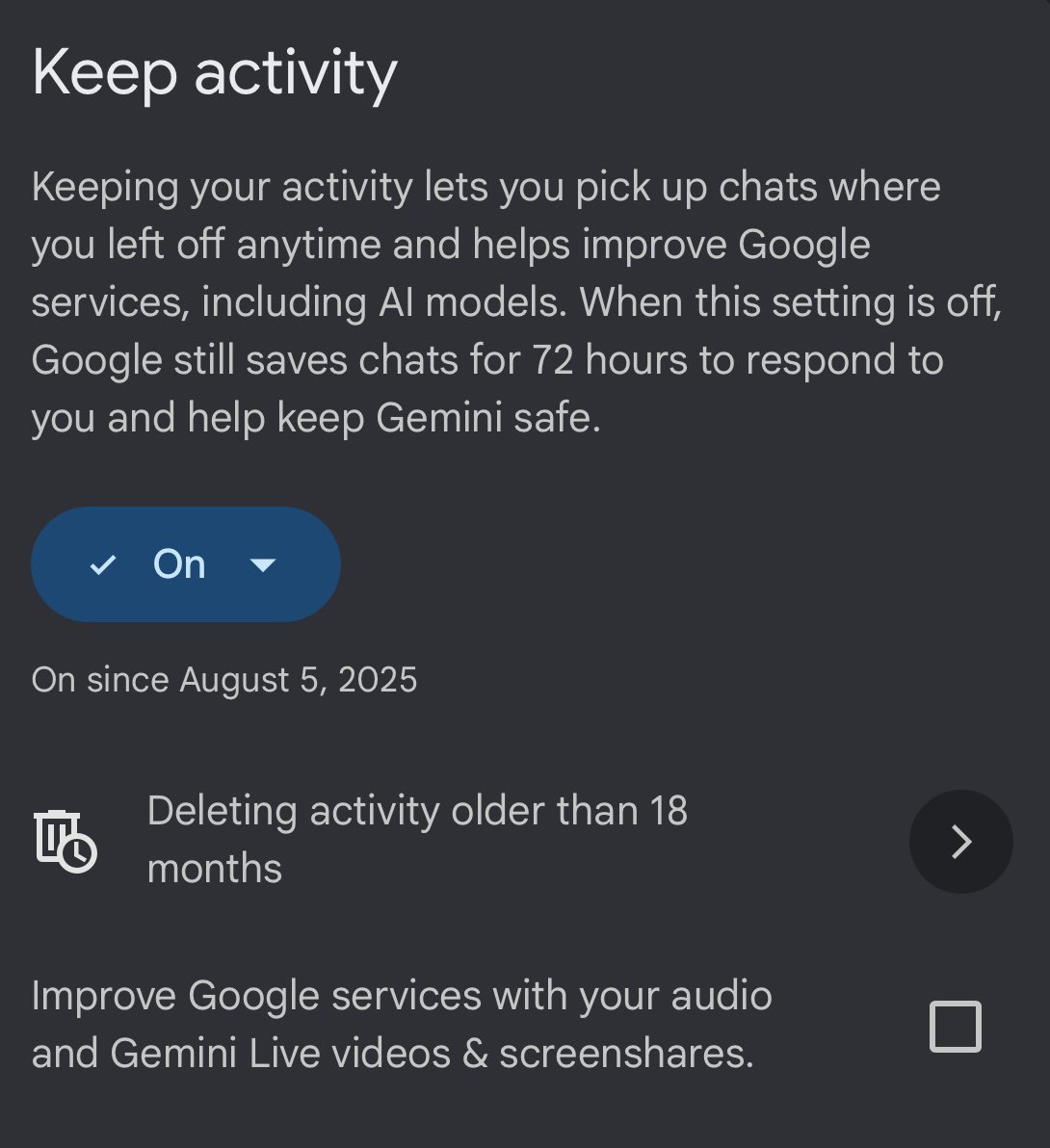 PhilippSyrov's tweet photo. Gemini’s privacy tradeoff is insane.

If I keep chat history on, Google says some chats may be reviewed by humans and used to improve/train AI.

If I turn it off, chats only stick around for 72 hours.

Why is “save my chat history” bundled with “let humans review my chats”?

@OfficialLoganK @GeminiApp