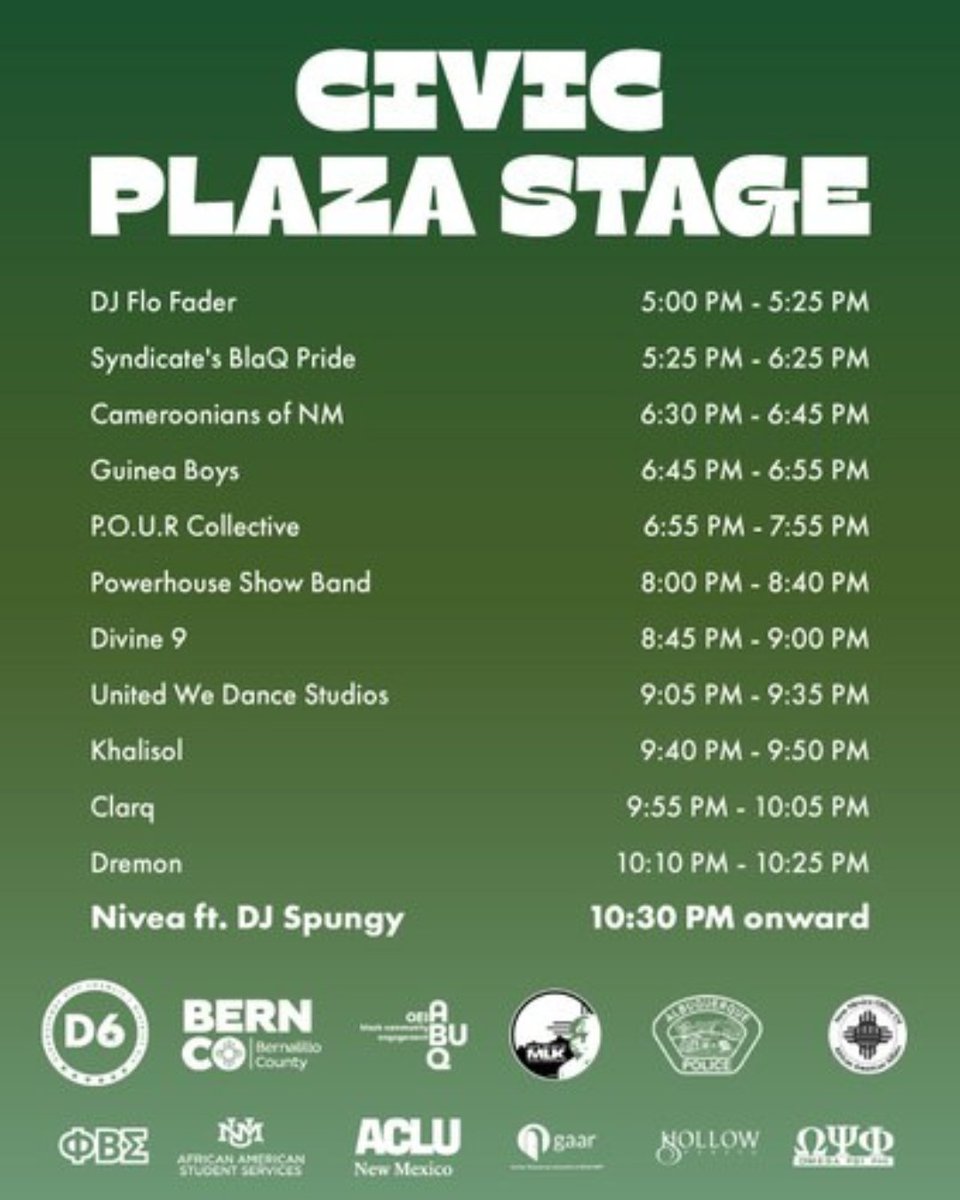 ABQtodo's tweet photo. Celebrate Juneteenth at Civic Plaza this Friday! โจ #ABQToDo
New Mexico's largest Juneteenth gathering returns with live entertainment, food vendors, a Black-owned business marketplace, family activities, games, & more!
๐ Civic Plaza
๐
June 19, 5โ11 p.m.
๐๏ธ Free https://t.co/MFls1NrF31