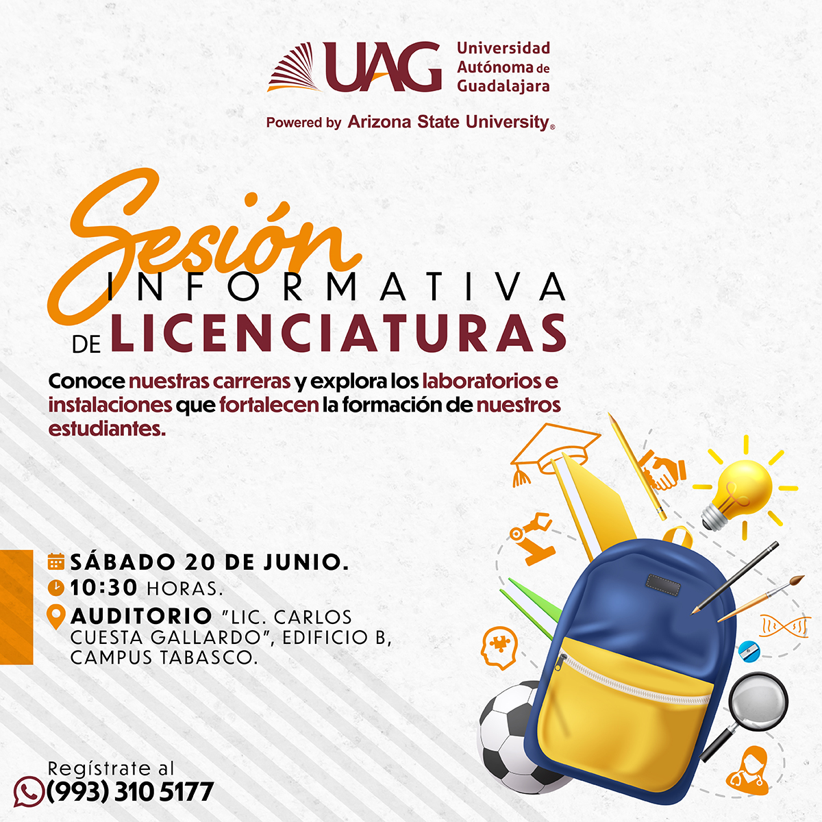 UAGTab's tweet photo. 🦉Asiste a nuestra 𝘀𝗲𝘀𝗶ó𝗻 𝗶𝗻𝗳𝗼𝗿𝗺𝗮𝘁𝗶𝘃𝗮 y conoce nuestras 𝗰𝗮𝗿𝗿𝗲𝗿𝗮𝘀, 𝗹𝗮𝗯𝗼𝗿𝗮𝘁𝗼𝗿𝗶𝗼𝘀 𝗲 𝗶𝗻𝘀𝘁𝗮𝗹𝗮𝗰𝗶𝗼𝗻𝗲𝘀, así como 𝗯𝗲𝗰𝗮𝘀 y 𝗯𝗲𝗻𝗲𝗳𝗶𝗰𝗶𝗼𝘀 𝗲𝘅𝗰𝗹𝘂𝘀𝗶𝘃𝗼𝘀 que tenemos.

📅 Confirma tu asistencia: https://t.co/g6rmZec9lf https://t.co/MDIWC28HI7