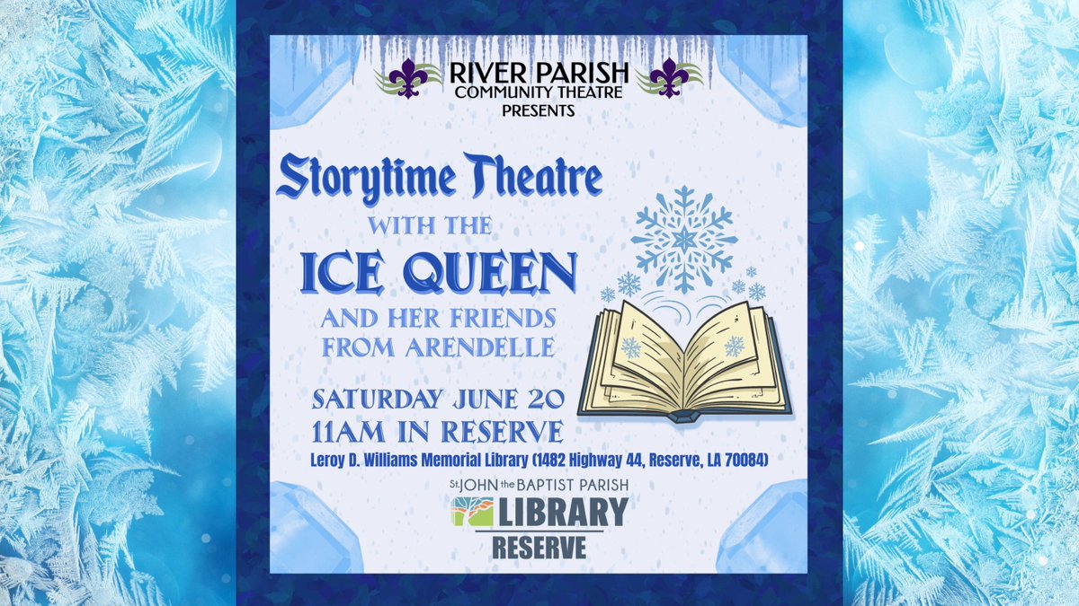 StJohnLib4's tweet photo. Meet the Ice Queen and her friends from Arendelle during this special theatre story time with River Parish Community Theatre in celebration of their summer production, "Frozen: The Musical."
All are invited to this free community event, and registration is not required. https://t.co/THsttqTD9c