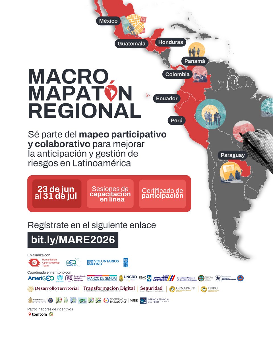 PNUDLAC's tweet photo. 📣 ¡Ya falta poco!

Participa del Macro Mapatón Regional que arranca el 23 de junio .

Si aún no te registras, este es el momento.

Sólo necesitas ganas de mapear 🗺️.

Hazlo aquí: https://t.co/rDHezZynjz https://t.co/VYBYHfBaMx