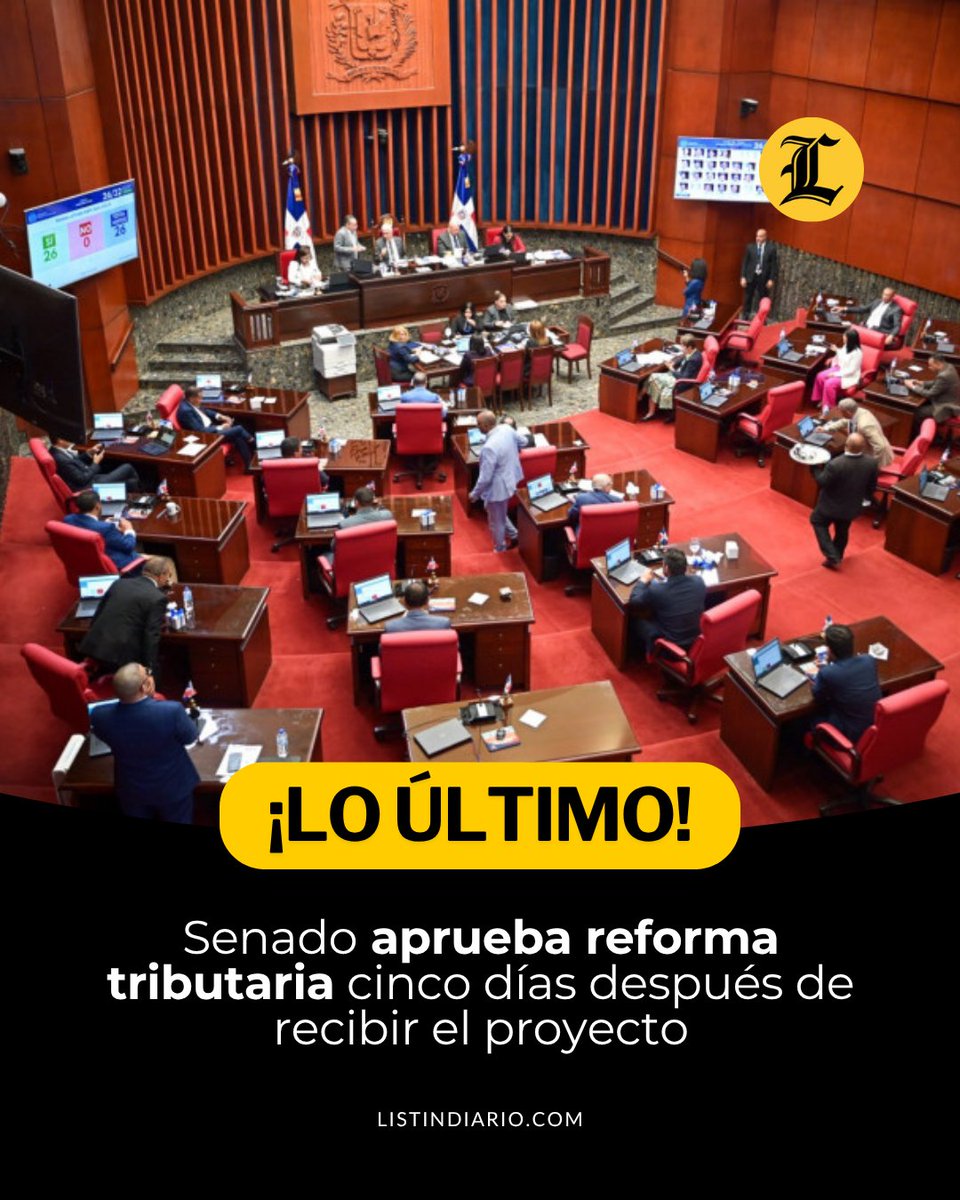 ListinDiario's tweet photo. #LoÚltimoLD | Cinco días después de haber sido depositado por el Poder Ejecutivo, el Senado de la República aprobó de urgencia  el “plan anticrisis”,  con el que el Gobierno busca recaudar al menos RD$60,000 millones adicionales estableciendo una serie impuestos a distintos sectores

#ListínDiario