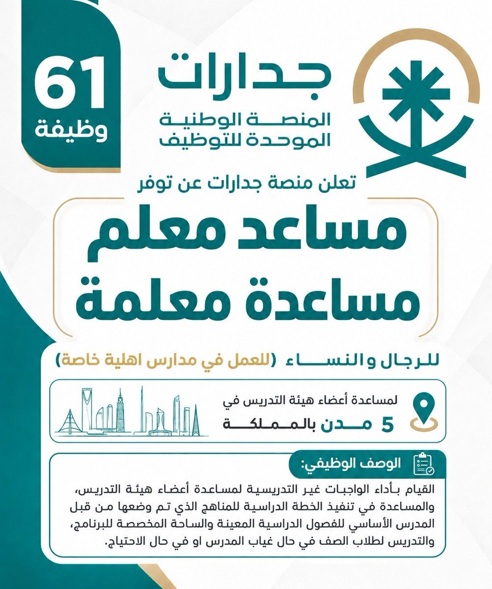 electronic4ss's tweet photo. عاجل - 61 وظيفة (#مساعد_معلم) برواتب تصل (6,000)

📋 المهام الوظيفية:

- القيام بأداء الواجبات غير التدريسية لمساعدة أعضاء هيئة التدريس
- المساعدة في تنفيذ الخطة الدراسية للمناهج
- تدريس طلاب الصف في (حال غياب المدرس او في حال الاحتياج) https://t.co/gCk5MX3EDV