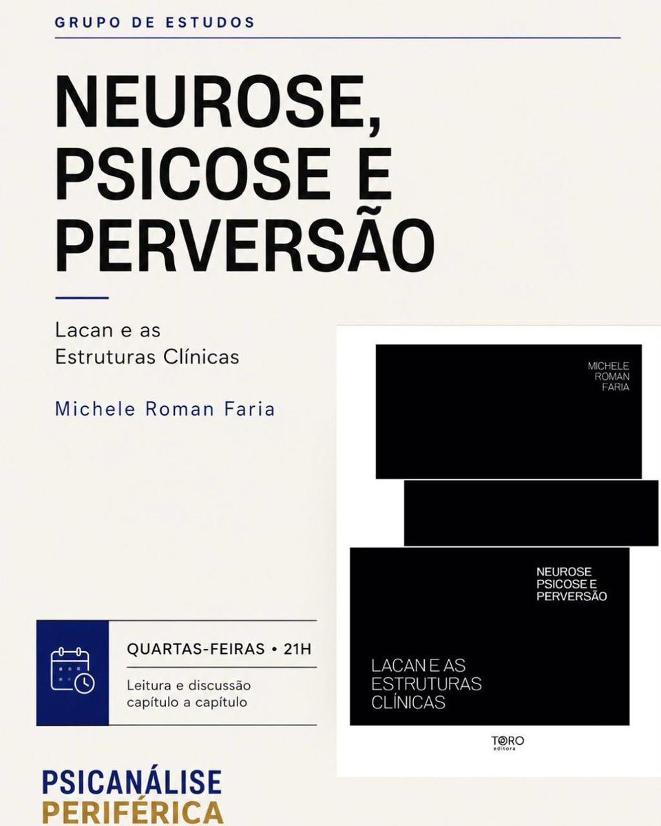 psiperiferica's tweet photo. GRUPO DE ESTUDOS | NEUROSE, PSICOSE E PERVERSÃO

Na próxima semana iniciaremos um novo grupo de estudos na Psicanálise Periférica, dedicado à leitura e discussão de Neurose, Psicose e Perversão: Lacan e as Estruturas Clínicas, da Michele Roman Faria + https://t.co/owDaXlDlMO