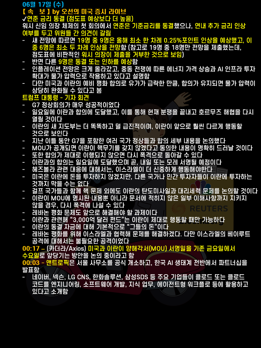 FuturesnowNews's tweet photo. 【미국 증시 요약 ｜2026년 06월 17일 (수)】

금일 미국 증시는 하락 마감했습니다. 

케빈 워시 신임 연준 의장이 주재한 첫 회의에서 연준은 기준금리를 동결했습니다. 
하지만 새 점도표에서 올해 말 금리 전망치가 올라가면서, 시장은 연준의 기조가 예상보다 더 매파적으로 기울었다고 해석했습니다.

연내 금리 행보를 두고 위원들의 의견은 팽팽하게 엇갈렸습니다. 
18명의 위원 중 9명은 올해 안에 최소 한 차례 금리 인상을 예상했고, 이 중 6명은 두 차례 이상 올릴 가능성도 열어뒀습니다. 
반면 나머지 9명은 금리 동결이나 인하를 점쳤습니다.

비록 위원들의 의견은 반반으로 나뉘었지만, 올해 말 기준금리 전망치 중간값은 3.8%를 기록하며 지난 3월(3.4%)보다 상향 조정되었습니다.
결국 시장은 이번 점도표를 '금리 인상 가능성이 한층 커졌다는 신호'로 받아들였고, 이로 인해 국채 금리는 급등하고 증시는 하락했습니다.

워시 의장은 기자회견에서 본인의 점도표 전망치는 제출하지 않았다고 밝혔습니다. 
그러나 "물가 안정"이 연준의 핵심 원칙이 될 것임을 거듭 강조함에 따라, 단기자금시장(머니마켓)은 10월 금리 인상 가능성을 기정사실로 반영했습니다.

한편, 워시 의장은 2% 인플레이션 목표치를 재검토할 가능성을 일축했습니다
또한 중앙은행의 6조 7,000억 달러 규모 대차대조표를 검토할 태스크포스(TF)를 구성하겠다고 밝혔습니다. 
이는 워시 의장이 오랫동안 비판해 온 정책 문제를 바로잡기 위한 첫걸음입니다. 
워시 의장은 이 TF팀이 "통화 정책이 우리의 금리 수단에서 비롯되는 것인지, 아니면 대차대조표 수단에서 비롯되는 것인지"를 면밀히 살펴볼 것이라고 덧붙였습니다.

S&P 500 지수는 1.2% 하락했습니다. 
마이크로소프트, 메타, 구글, 아마존 등이 일제히 하락하며 증시 하락을 주도했습니다. 
스페이스X 주가는 4.9% 하락하며 연속 상승세를 멈췄습니다.

반면, 반도체주는 전날의 하락세를 딛고 반등했습니다.
브로드컴, 마이크론, 어플라이드 머티어리얼즈가 오르며 필라델피아 반도체 지수(SOX)는 1.4% 상승해, 시장 전반의 하락을 일부 상쇄했습니다.

eToro의 브렛 켄웰은 
"시장은 이미 금리 상승 가능성을 어느 정도 반영하고 있었지만, 연준의 전망은 투자자들이 생각했던 것보다 연준이 더 매파적인 기조를 이어갈 수 있음을 보여주었다"

에드워드존스의 제임스 맥캔은 
"중동 긴장이 완화되고 유가도 내려가면서 인플레이션 부담이 줄어들 가능성이 있는 만큼, 연준은 올해 금리를 동결할 것으로 보인다"

뉴센추리 어드바이저스의 클라우디아 삼은 
"현재 시장 반응은 대체로 점도표가 예상보다 훨씬 더 매파적으로 나온 데 따른 것이다"

라고 전하였습니다. 

--------------------------------------------------------------------------------------------------------------------

[미국 증시]
S&P500 -1.21% → 7,420.10
다우 -0.98% → 51,492.55
나스닥100 -0.99% → 29,670.95
러셀2000 -0.72% → 2,917.98

[미국 국채]
02년 국채 수익률 4.054% → 4.186% ▲ (전일 같은시간대비)
10년 국채 수익률 4.439% → 4.487% ▲  (전일 같은시간대비)

[달러 인덱스]
99.541 → 100.385 ▲ (전일 같은시간대비)

[골드]
4,353.0 → 4,276.3 ▼ (전일 같은시간대비)

[에너지]
WTI 76.62 → 75.01 ▼ (전일 같은시간대비)
천연가스 3.263 → 3.180 ▼ (전일 같은시간대비)

[경제 지표]
21:30 - 미국 - 5월 소매판매 ★★★0.9% ▲ (예상: 0.6%  이전: 0.5%)
21:45 - 미국 - 트럼프 대통령 '인도 총리와 양자회담’
23:00 – 미국 – 4월 기업재고 ★★0.5% = (예상: 0.5%  이전: 0.9%)
23:00 – 미국 – 5월 잠정주택판매 ★3.8% ▲ (예상: 0.9%  이전: 1.4%)
23:30 - 미국 - 트럼프 대통령 '공식 기자회견'
23:30 – 미국 – EIA 원유 재고 ★★★-8263K ▼ (예상: -3691.80  이전: -7227K)
03:00 - 미국 - 기준금리 결정 ★★★3.75% = (예상: 3.75%  이전: 3.75%)
03:30 – 미국 – FOMC 기자회견 ★★★

-------------------------------------------------------------------------------------------------------------------------

【26년 06월 18일 (목)｜주요 일정】

경제지표
21:30 - 미국 - 실업수당청구건수 ★★★
21:30 - 미국 - 6월 필라델피아연은 제조업지수 ★★★
23:30 - 미국 - EIA 천연가스 재고 ★
02:00 - 미국 - 베이커휴즈 총시추기수 ★★

실적발표 - 장 시작 전
19:40 - 엑센츄어 (ACN)
19:45 - 크로걸 (KR)

배당락: $VIC, $SPY 등

--------------------------------------------------------------------------------------------------------------------------
금일 장 전 시황 자료 ☞ https://t.co/tVjX0SnI5w
