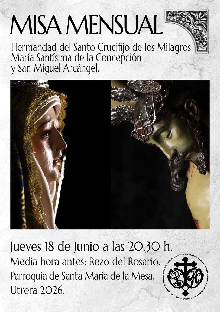 HdadMilagros's tweet photo. Hoy  jueves, a las 20.30 horas en nuestra sede parroquial de Parroquia de Santa María de la Mesa, Utrera, celebraremos la Misa mensual en honor y gloria de nuestros sagrados Titulares. Comenzaremos media hora antes con el rezo del Santo Rosario. https://t.co/N0gWr6Ls7N
