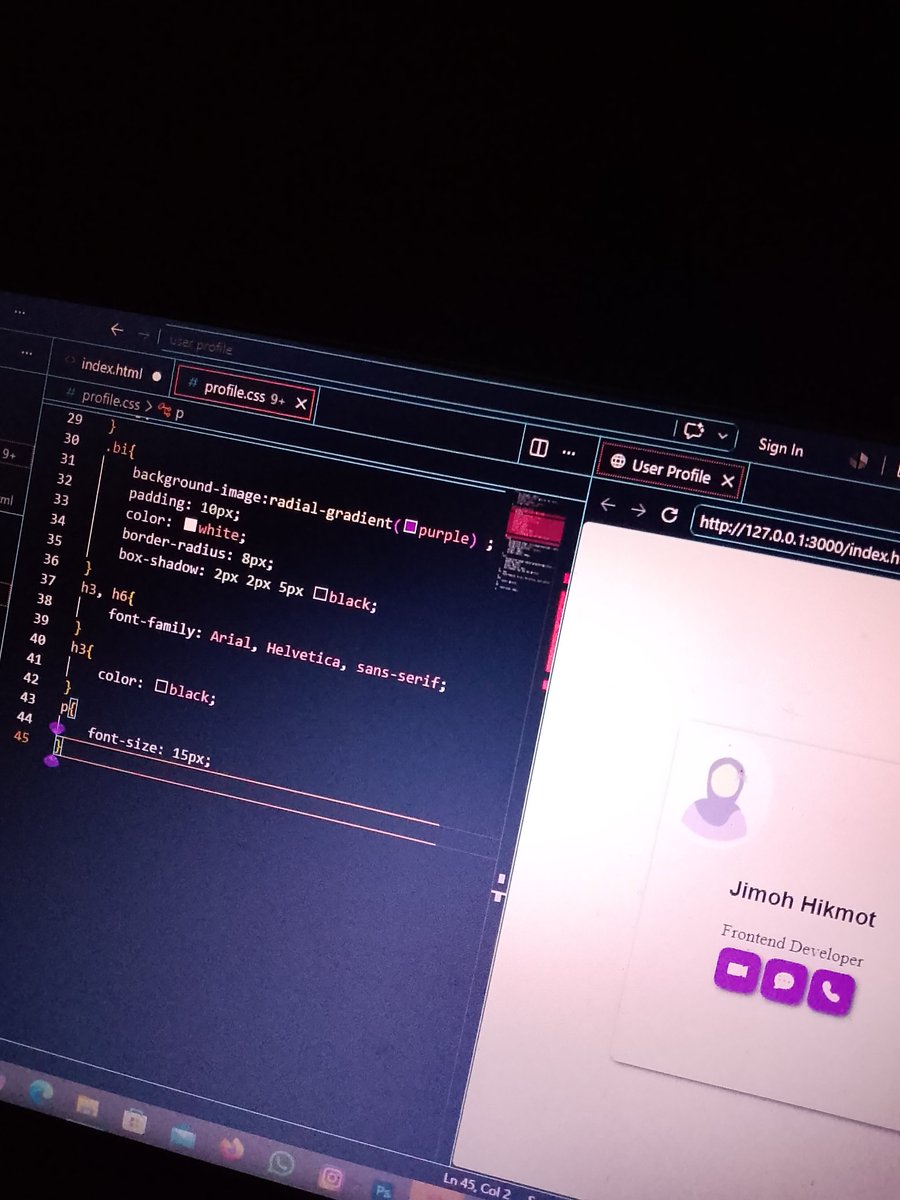 _Ibtisaamah's tweet photo. Day 2/100
Built a User Profile Card with HTML & CSS today.
Spent hours fighting a stubborn image alignment bug ππ. It's still not perfect, but I learned a lot about bootstrap icons, background images.
Tomorrow, we debug again. πͺ
#100DaysOfCode #FrontendDevelopers #Day2 https://t.co/H7rJKjKBBP