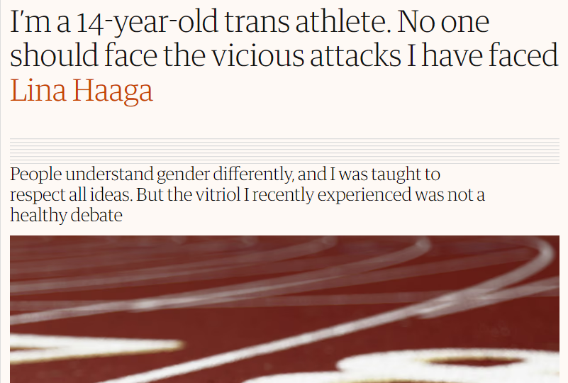 hecheateddotorg's tweet photo. 🧵They truly are the most entitled group of people on the planet. Here's the latest edition of "How dare you criticize me. I should be above reproach. Waaaaaa" from Lina Haaga, a boy who stole a championship track and field title from his own sister.  Here we go:

"For as long as I can remember, I have known I am a girl. That certainty is as instinctive as knowing I am right-handed."

In order to know that you are a "girl," you need to understand what a "girl" actually is.  A girl is not a male individual, so it was impossible for you to "know" that you were a girl. You were and are a boy who wrongly believed he was a girl.

"It is difficult to explain to someone who has never been transgender or loved someone who is, but I have never lived this way to gain an advantage or take something from someone else. I live this way to honor what I know is true."

It really isn't that difficult to explain.  You were a typical young child who was at the stage where you were trying to make sense of the world around you, not yet in control of abstract thinking or knowledge of reproduction and internal organs, and you associated being a girl, as almost all children do, with stereotypes.

You're continuing to live "this way" because your parents indulged you in it and continued to reinforce sexism in your home.