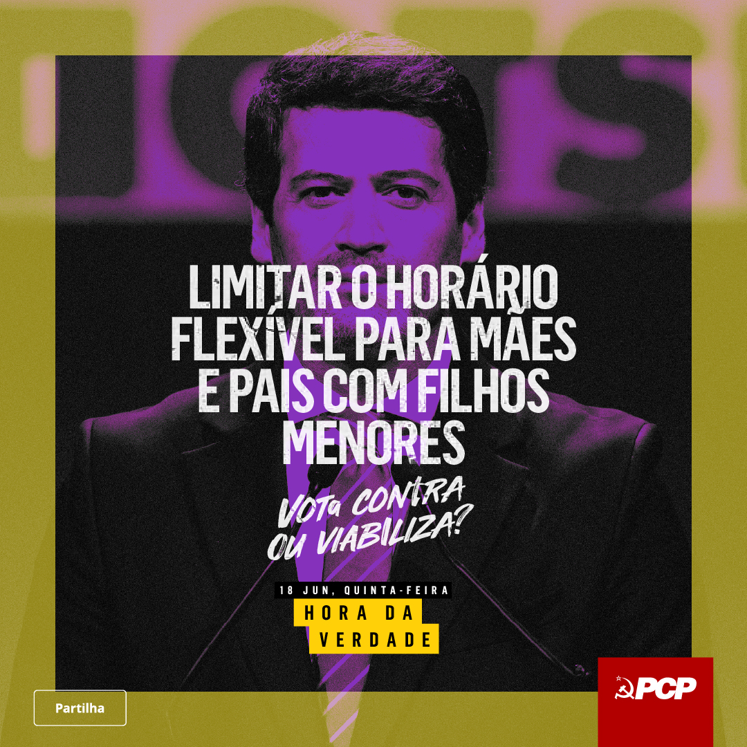 pcp_pt's tweet photo. Limitar o horário flexível para mães e pais com filhos menores: votam contra ou viabilizam?

Acabou o tempo do teatrinho.

📅 Amanhã, 18 de Junho
⏰ 13:30
📍 Concentração
🏛 Todos à Assembleia da República
✊ Vamos exigir a derrota do Pacote Laboral!
+ https://t.co/uHc1aftBeo
