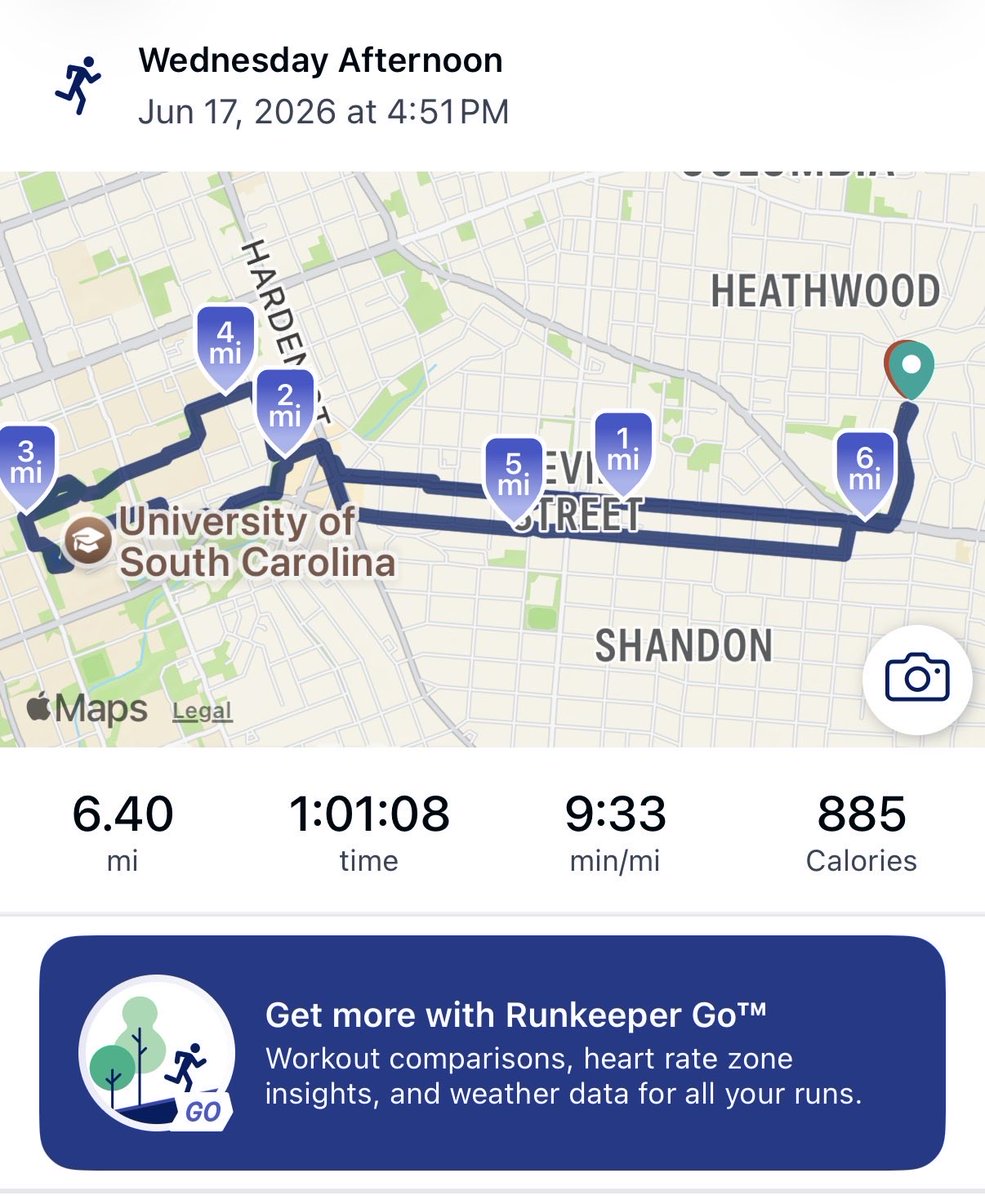BAComer's tweet photo. Summer evening campus route for 6.4 miles. Hot, but not too bad. 

Very little foot traffic on campus, but it looked nice. The federal government could take a lesson. No algae in our reflecting pool at Thomas Cooper, and it looked great. Was tempted to jump in to cool off. @UofSC https://t.co/QcUjgOZvc9