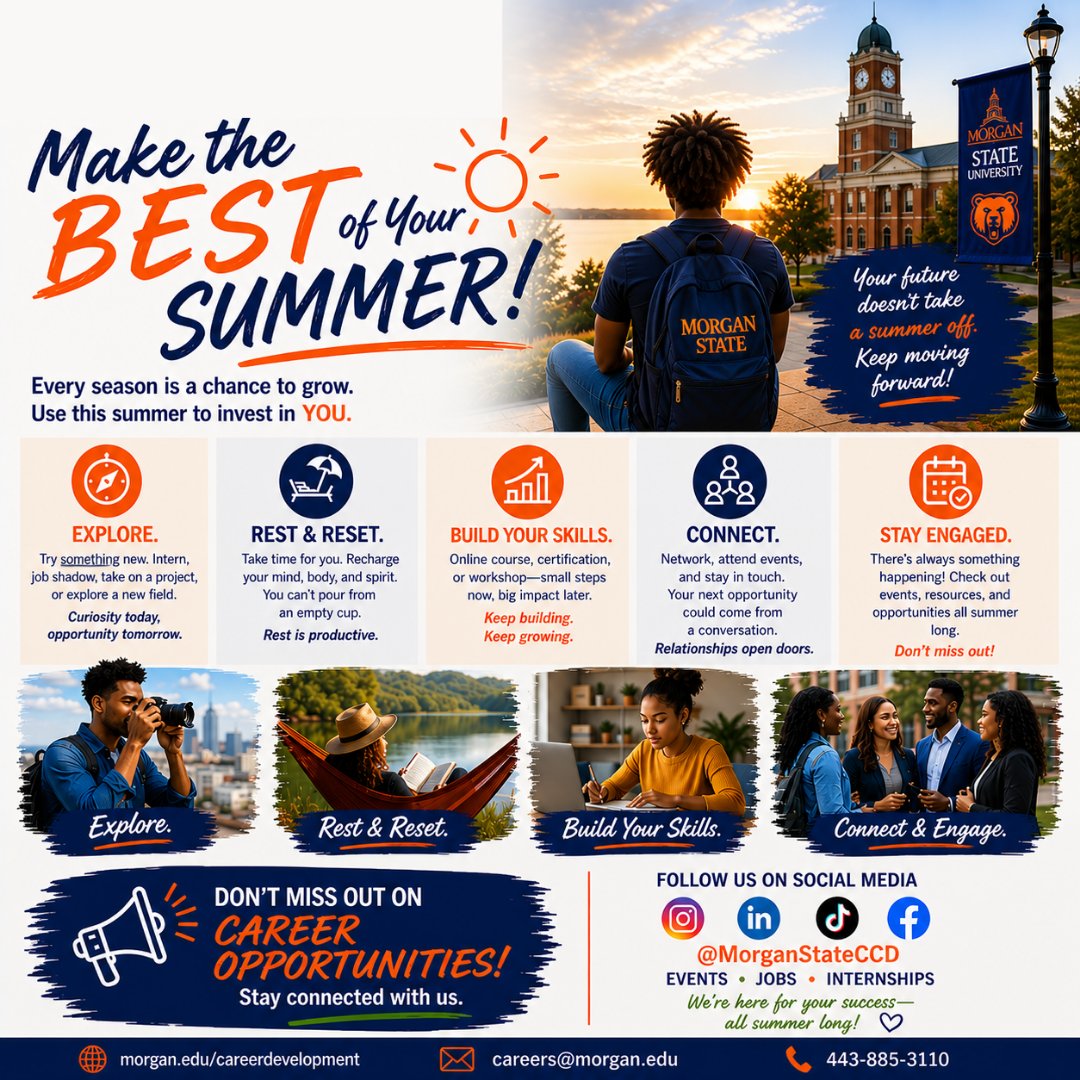 MorganStateCCD's tweet photo. Summer is for resting, recharging, exploring… and preparing for what’s next.

Whether you’re working, interning, traveling, taking classes, or simply resetting — make the BEST of your summer. 💼✨
Stop by, connect with us online, or schedule an appointment today! https://t.co/LsS8lfnLGz