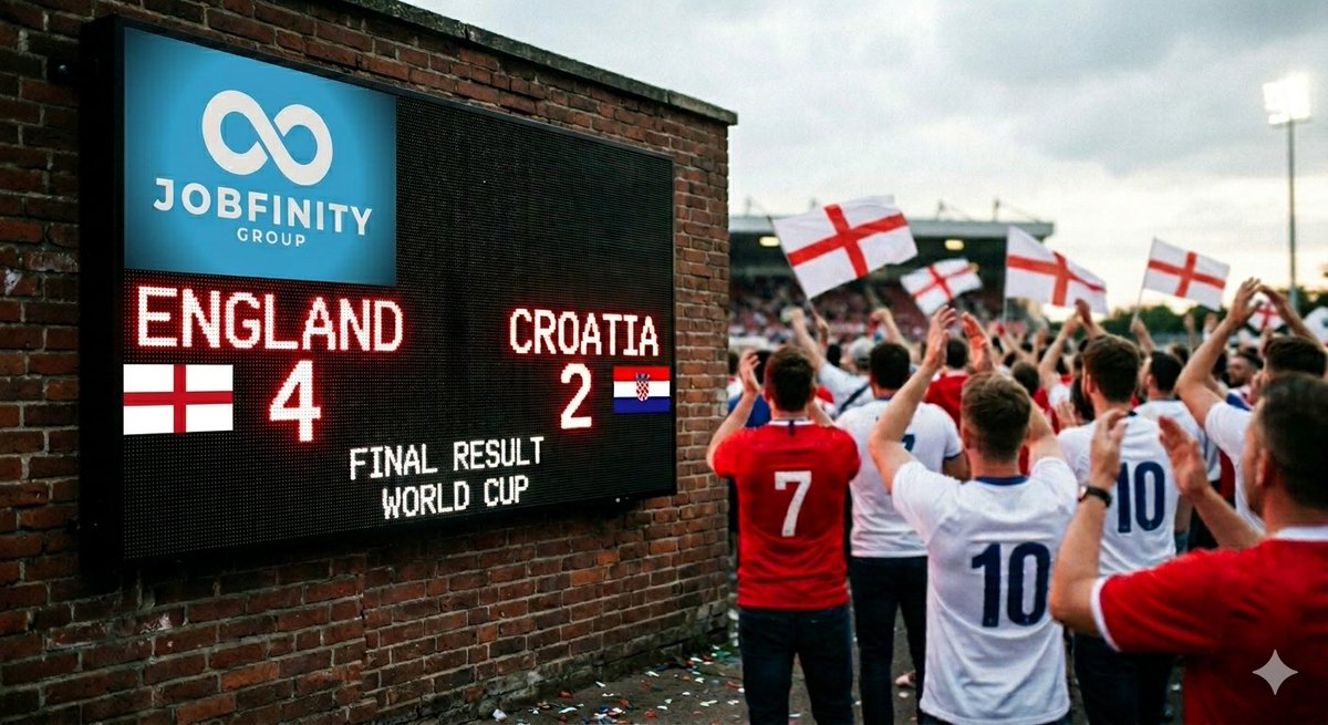 JobfinityUK's tweet photo. Get in! 🏴󠁧󠁢󠁥󠁮󠁧󠁿 What a performance from the lads! 

A massive 4-2 victory over Croatia to seal the deal. The atmosphere is absolutely electric! 🏟️✨

There's nothing quite like World Cup magic!

#England #ThreeLions #WorldCup #ENGCRO #ItsComingHome #JobfinityGroup #MatchDay https://t.co/jD8I1yVpYA