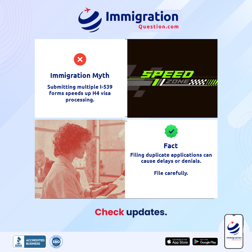 IMQuestionUS's tweet photo. Immigration Fact: Filing duplicate I-539 applications does not make your case move faster. In many situations, duplicate filings can create confusion, cause processing delays, or even lead to denials.

Stay informed with the latest immigration updates, download the free https://t.co/kX2nlXgPV0 app from the Play Store (https://t.co/Zanl05hhz7) or App Store (https://t.co/JoWUgDC3I1)
 
FREE Registration Today! ➡️ https://t.co/kX2nlXgPV0

#VisaProcessing #USImmigration#ImmigrationUpdates #VisaApplication
