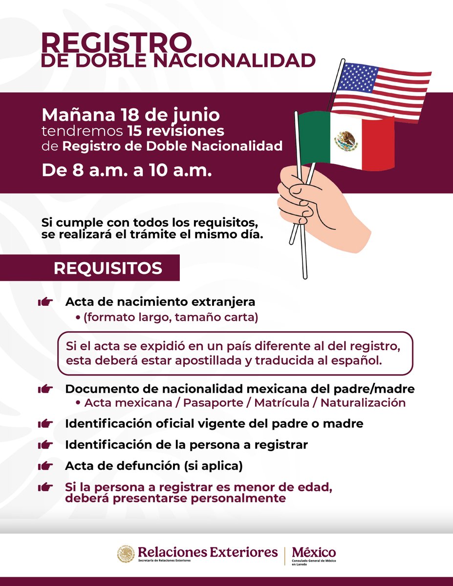 consulmexlaredo's tweet photo. ¿Deseas tramitar Registro de Doble Nacionalidad? 🇲🇽🇺🇸
📅Mañana 18 de junio, realizaremos 15 revisiones de expedientes de 8 a 10 a.m.
✅Si cumples con todos los requisitos, se realizará el trámite el mismo día.
Consulta los requisitos y prepara tu documentación con anticipación. https://t.co/whKaFX8SX4