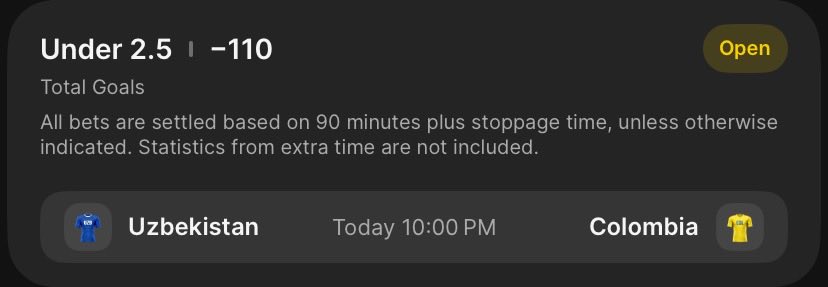 PitchPntProphet's tweet photo. THE BET: Under 2.5 Match Goals
🔹 Avg Market Range: -110 to -115
🔹 MAX ODDS: -110 (DraftKings)
🛑 WALK AWAY THRESHOLD: Do NOT bet past -122
See “Alt” for reasons
#SportBets #WorldCupTips #BettingTips #FIFA #WorldCupFootball #colombia #Uzbekistán #WorldCup #FootballPrediction https://t.co/UGXisQ9VcO