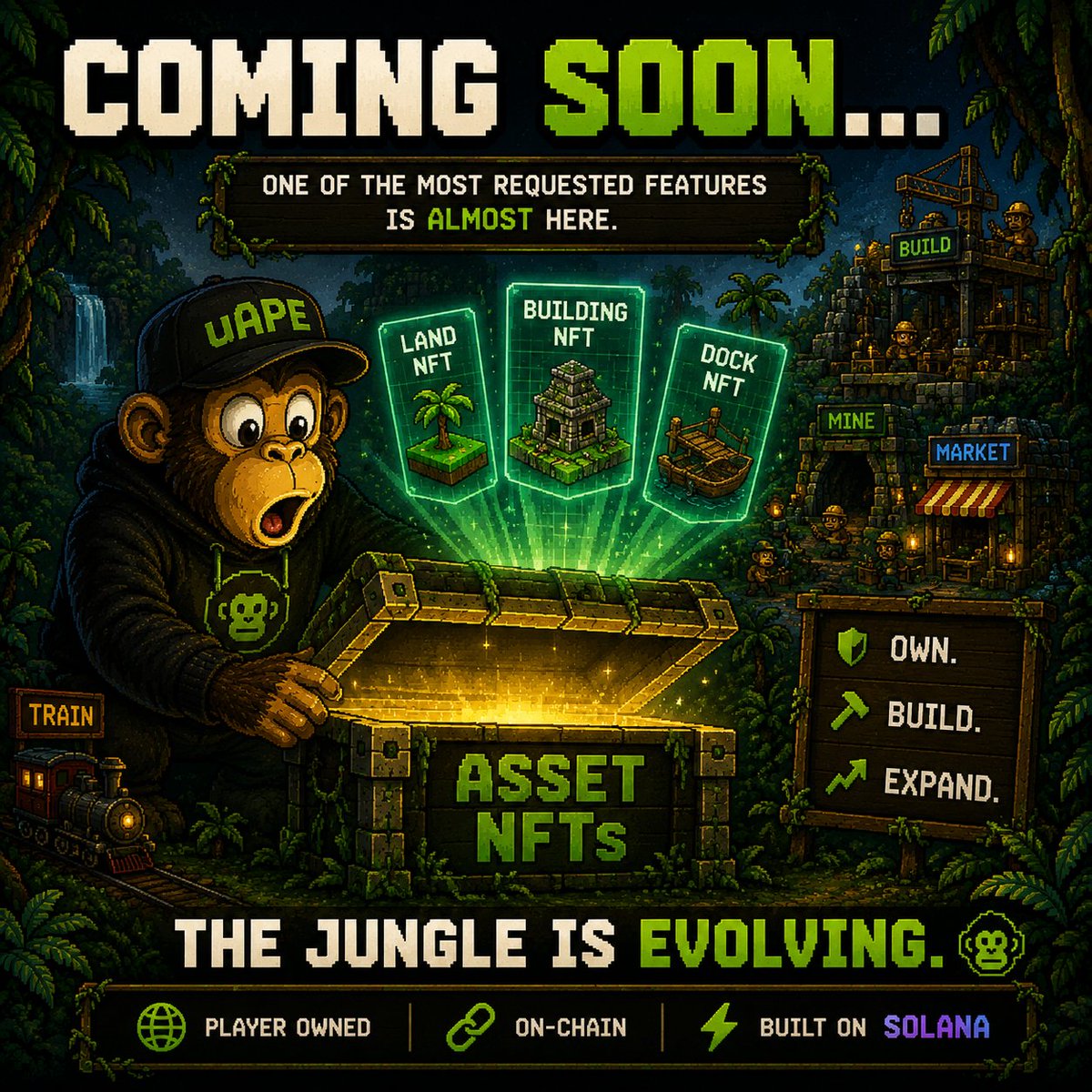 CzarnyNFT's tweet photo. One of the most requested features is getting closer. 🌴🚀

Asset NFTs are coming. 

Own your assets.
Build your empire.
Shape the jungle.
$uAPE @uapenfts 🐒
@solanagaming @pumpspotlight 
@solana https://t.co/AyHQ9Gbj4y