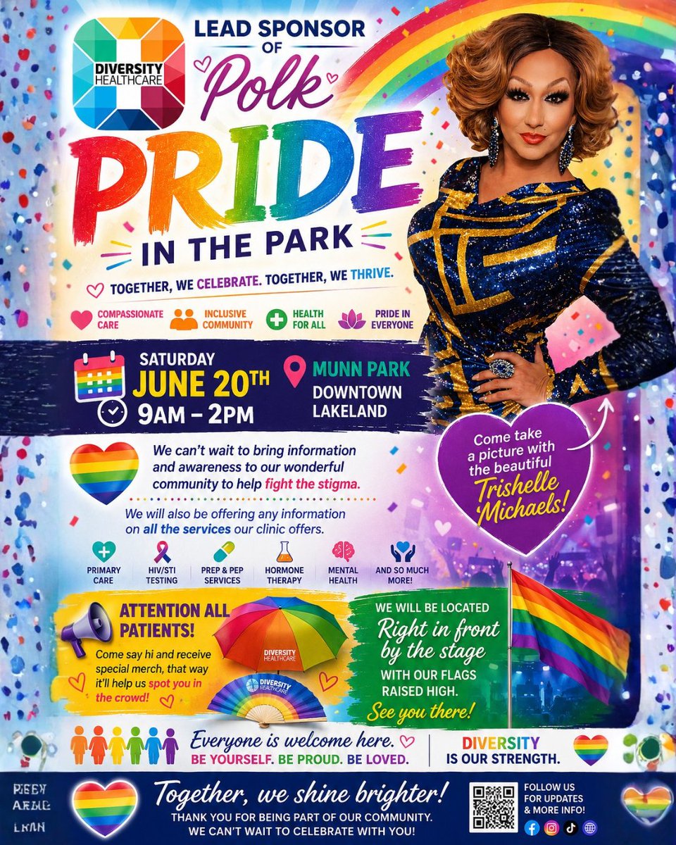 diversity_healt's tweet photo. Diversity Healthcare is proud to be the Lead Sponsor of Polk Pride in the Park!

Join us this Saturday, June 20th from 9AM to 2PM at Munn Park in Downtown Lakeland. You'll find us right in front of the stage with our flags raised high. https://t.co/ae4Q3X9YF3