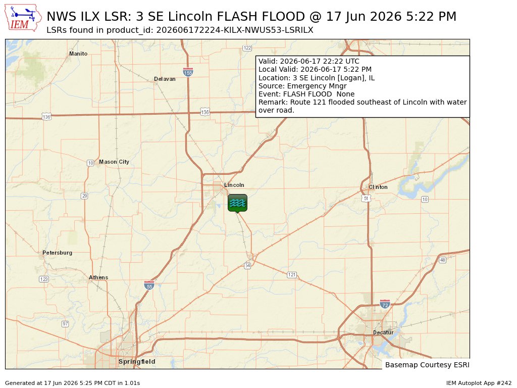DL_NERV's tweet photo. At 5:22 PM CDT, 3 SE Lincoln [Logan Co, IL] Emergency Mngr reports Flash Flood. Route 121 flooded southeast of Lincoln with water over road. #ilwx https://t.co/jVszgHmR1U https://t.co/P5A6ormmig