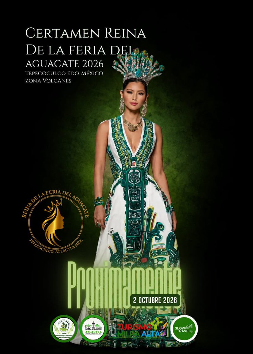 VisitMex's tweet photo. 👑🥑 Certamen Reina de la Feria del Aguacate 2026.

¿Te gustaría ser la próxima Reina de la Feria del Aguacate?
Pronto se publicará la convocatoria correspondiente.

El Certamen Reina de la Feria del Aguacate es más que un concurso de belleza. Es un ejercicio de liderazgo comunitario con base en identidad, conocimiento territorial y compromiso social.

Entre los objetivos del Certamen están los siguientes:

• Vincular a la juventud con la tradición productiva.
• Representar la cultura, historia y sistema agrícola del aguacate.
• Actuar como embajadora del modelo regenerativo.

📍 El Certamen se llevará a cabo el próximo viernes 2 de octubre de 2026 en el Centro de Bachillerato Tecnológico Agropecuario 231 "Everardo González", en Atlautla, Estado de México, donde también habrá actividades artísticas para engalanar el evento.

-

👑🥑 2026 Avocado Fair Queen Pageant

Would you like to become the next Avocado Fair Queen?
The official call for applications will be published soon.

The Avocado Fair Queen Pageant is more than a beauty contest. It is an exercise in community leadership based on identity, local knowledge, and social commitment.

The objectives of the pageant include:

• Connecting young people with the region's productive tradition.
• Representing the culture, history, and agricultural system of avocado production.
• Serving as an ambassador for the regenerative model.

📍 The pageant will take place on Friday, October 2, 2026, at the Everardo González Agricultural Technological High School No. 231, in Atlautla, State of Mexico, where artistic activities will also be held to enrich the event.

#FeriaDelAguacate2026 #ReinaDeLaFeriaDelAguacate #Atlautla #EstadoDeMéxico #VisitMexico #Turismo #Tradición #Cultura #Aguacate