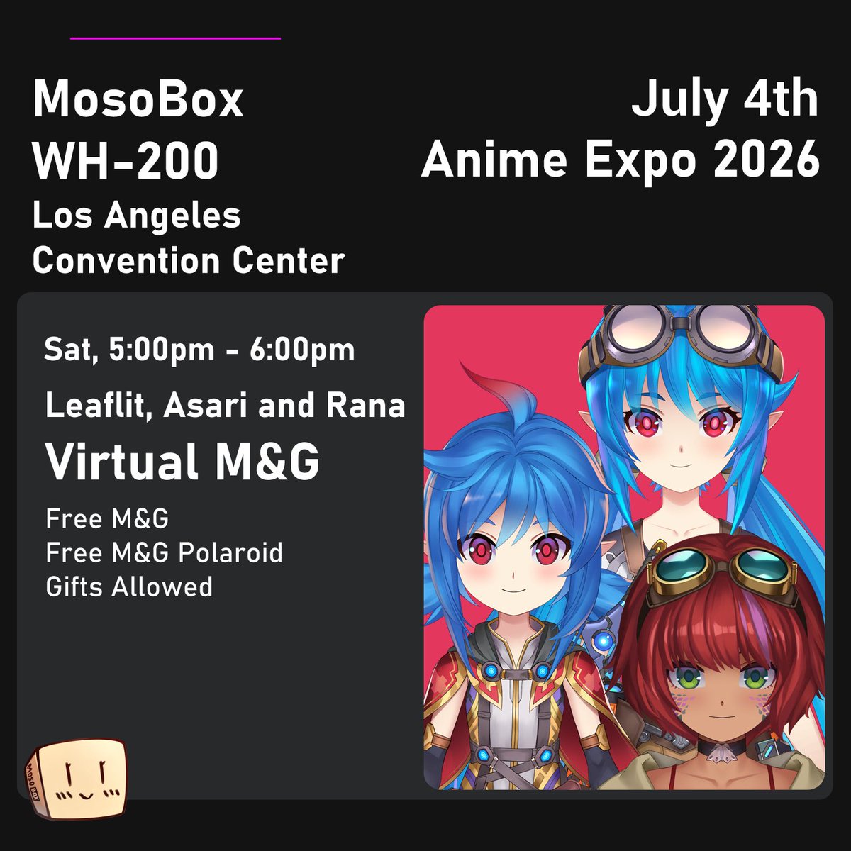 Leaflit's tweet photo. Angels Sword Guildmembers, @AsariVT, @RanaItia and I will be holding our meet & greet at the @MosoBox booth at AnimeExpo during the 250th anniversary of the U.S.!  Please come by the booth as we looking forward to meet you!

MosoBox will also be selling official Angel’s Sword Fumos at their booth. They will have limited numbers of some discontinued Fumos so get there early!  First come, first serve.