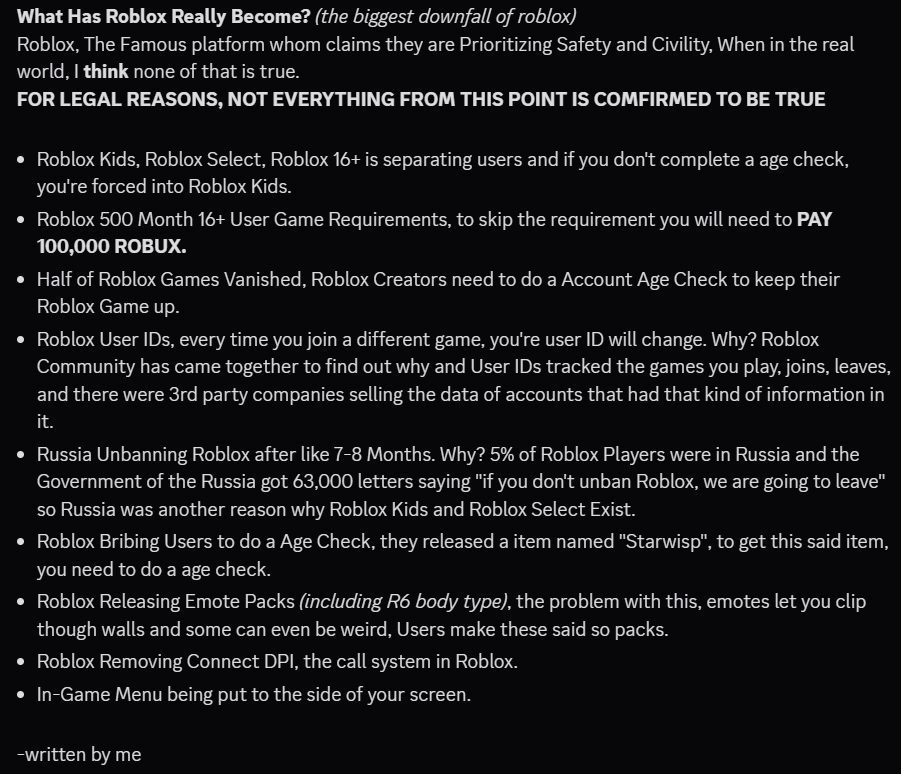 frzinpst's tweet photo. Why I think Roblox 2026 is the END

for LEGAL reasons, bullet point 4 is not confirmed to be true so, I'm NOT throwing bad points to make Roblox look bad!!! https://t.co/oznPUpNEf3