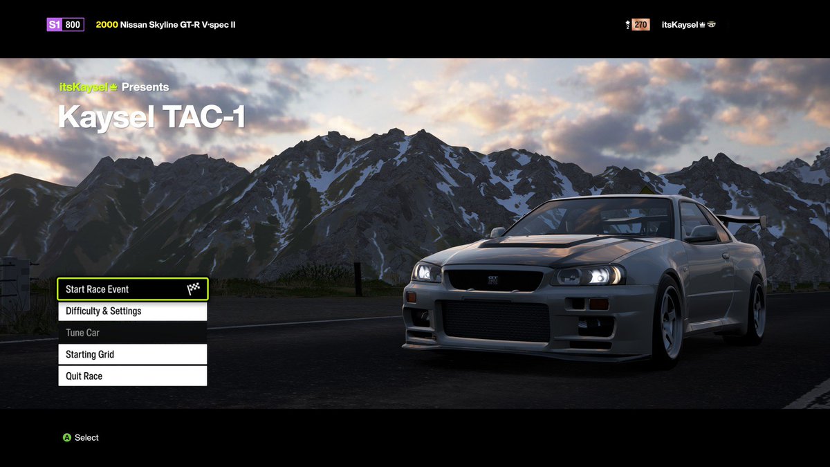 itsKaysel's tweet photo. Got motivated after participating in @otohane_rino's Time Attack challenges recently and decided to make one of my own! 

Event is using my own car (Nissan R34)

Feel free to give it a try! Also welcome to share your best times in the replies!

#ForzaHorizon６ #FH6 #TimeAttack https://t.co/bro8NAHTQS