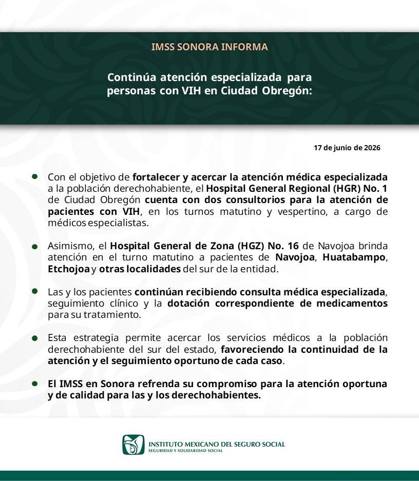 IMSSSONORA's tweet photo. Continúa atención especializada para personas con VIH en Cd. Obregón https://t.co/gK34XaQMB9
