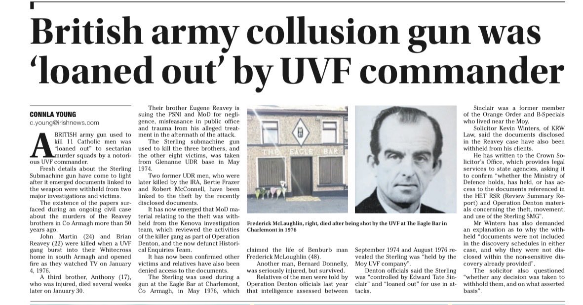 PolDeBuitleir's tweet photo. Stolen UDR Sterling Machine Gun was “controlled by Edward Tate Sinclair” and “loaned out” for use in attacks. Sinclair was a former member of the Orange Order and B-Specials who lived near the Moy. https://t.co/p4wZRWfZSj