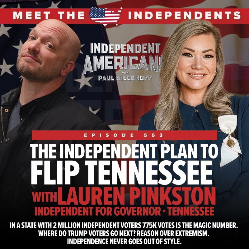 PaulRieckhoff's tweet photo. ⚡️The Independent Plan to Flip Tennessee with Lauren Pinkston - Independent for Governor of Tennessee. With 2 Million Independent TN Voters 775k Votes is the Magic Number. Where Do Trump Voters Go Next? Reason Over Extremism. Independence Never Goes Out Of Style.

It’s a new WTF Wednesday and Meet the Independent Candidate episode of Independent Americans with Paul Rieckhoff.

📱💻YouTube: https://t.co/mBxuBtvCqH 

🍎Apple: https://t.co/BBJY8MG7gr 

🎧Spotify: https://t.co/j5OaZlIETu 

📖Substack: https://t.co/VflPCundNF

Tennessee looks like a red wall on the map. Look closer. Roughly 48% of eligible voters there are unaffiliated — the highest share in the state (34%-R/18%-D/48%-I) — and only a third of them bothered to show up last midterm. That's not apathy. That's the angry middle waiting for someone worth voting for. Lauren Pinkston, independent candidate for governor, joins Paul to make the case that 2026 is the year Tennessee breaks the one-party stranglehold, and she's got the math, the ground game, and the biography to back it up.

Pinkston is a seventh-generation Tennessean, a PhD in international development who lived five years inside a communist country watching elections up close, a mother advocating for a child with special needs, and a founder who built a business with survivors of human trafficking. 

In this conversation, she breaks down the 775,000-vote path to victory, why 60-70% of her incoming support is Republicans looking for an off-ramp from the MAGA machine, the $83 billion road backlog Nashville won't touch, the housing crisis pricing working families out of their own state, and why open primaries are non-negotiable for anyone who actually believes in the Constitution. 

It's a briefing on what independent infrastructure looks like when it's built right — couch by couch, county by county.

Subscribe, rate and share Independent Americans with Paul Rieckhoff on YouTube, ApplePods, BLEAV, Spotify, all platforms and https://t.co/0izUv2beJZ.🎙️🚨🇺🇸🗳️