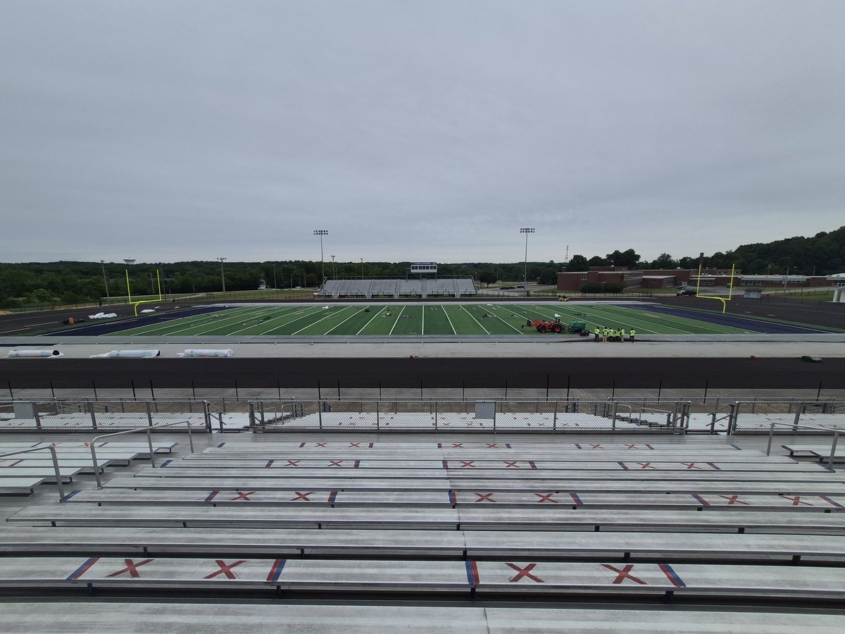 TwinsburgTigers's tweet photo. Day 38 Stadium Renovation Pictures...power washing of the home side bleachers is slowly but efficiently moving along thanks to @DylanFantone16 and @RathboneGavin64 and the turf is just about laid out and ready for stitching of markers and the underlay! https://t.co/jfjWcE0UQM