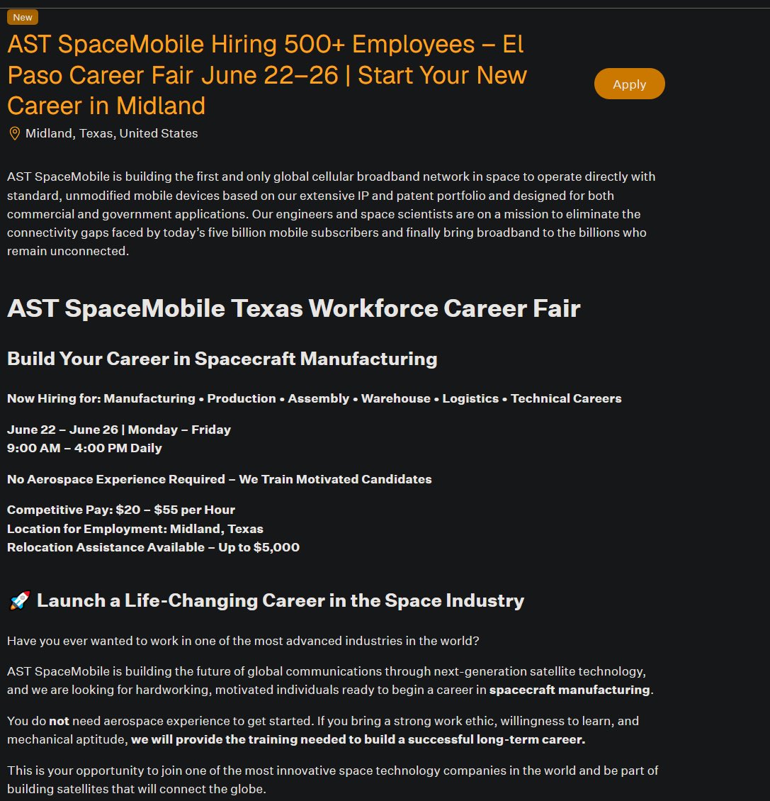 one_won_juan's tweet photo. $ASTS “Hiring 500+ employees” just for Midland - targeting various technician and production roles. 

Ramping up! 

https://t.co/3RtrJyd8uy https://t.co/btts47FWSF