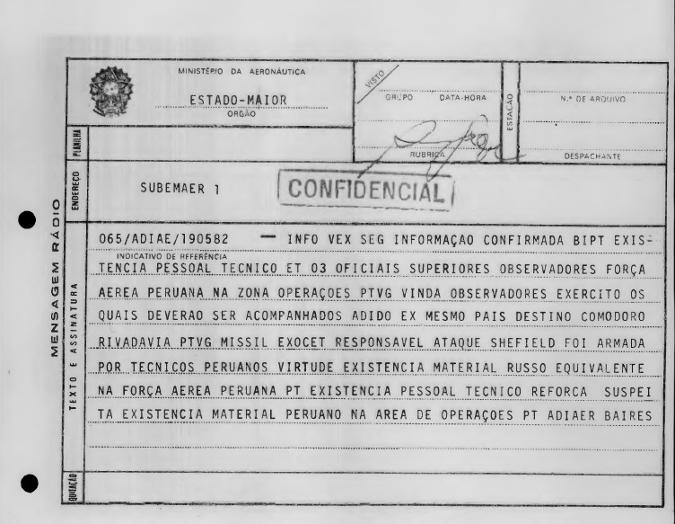 MarianoSciaroni's tweet photo. Informe inteligencia brasileña #Malvinas. "El misil Exocet responsable del ataque al Sheffield fue armado por técnicos peruanos, en virtud de la existencia de material ruso equivalente en la Fuerza Aérea Peruana". Todavía era un misterio quien había armado los Exocet @Armada_Arg https://t.co/lwCwI2gBmc