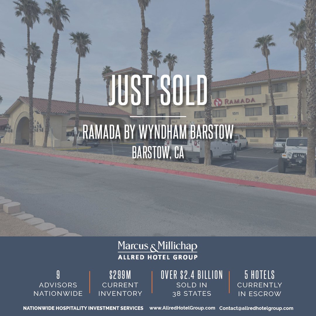 AHG_MM's tweet photo. JUST SOLD: Ramada by Wyndham Barstow | Barstow, CA

Congratulations Team! 🎉
Andy Patel and Gordon Allred

To learn more and to search our exclusive listings, visit us at https://t.co/2YloqvA4d7 💻

#allredhotelgroup #marcusmillichap #hospitality #cre https://t.co/YP7An0U7o4