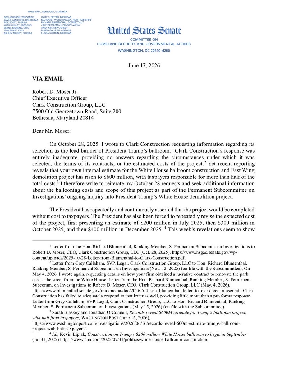SenBlumenthal's tweet photo. Trump has claimed his gilded ballroom would cost taxpayers nothing. We now know that's a lie. It will cost $600 million &amp; taxpayers will be on the hook for half. I’m demanding answers from Trump’s hand-picked construction firm after they withheld the true price of this project. https://t.co/9fM0xsWhNM